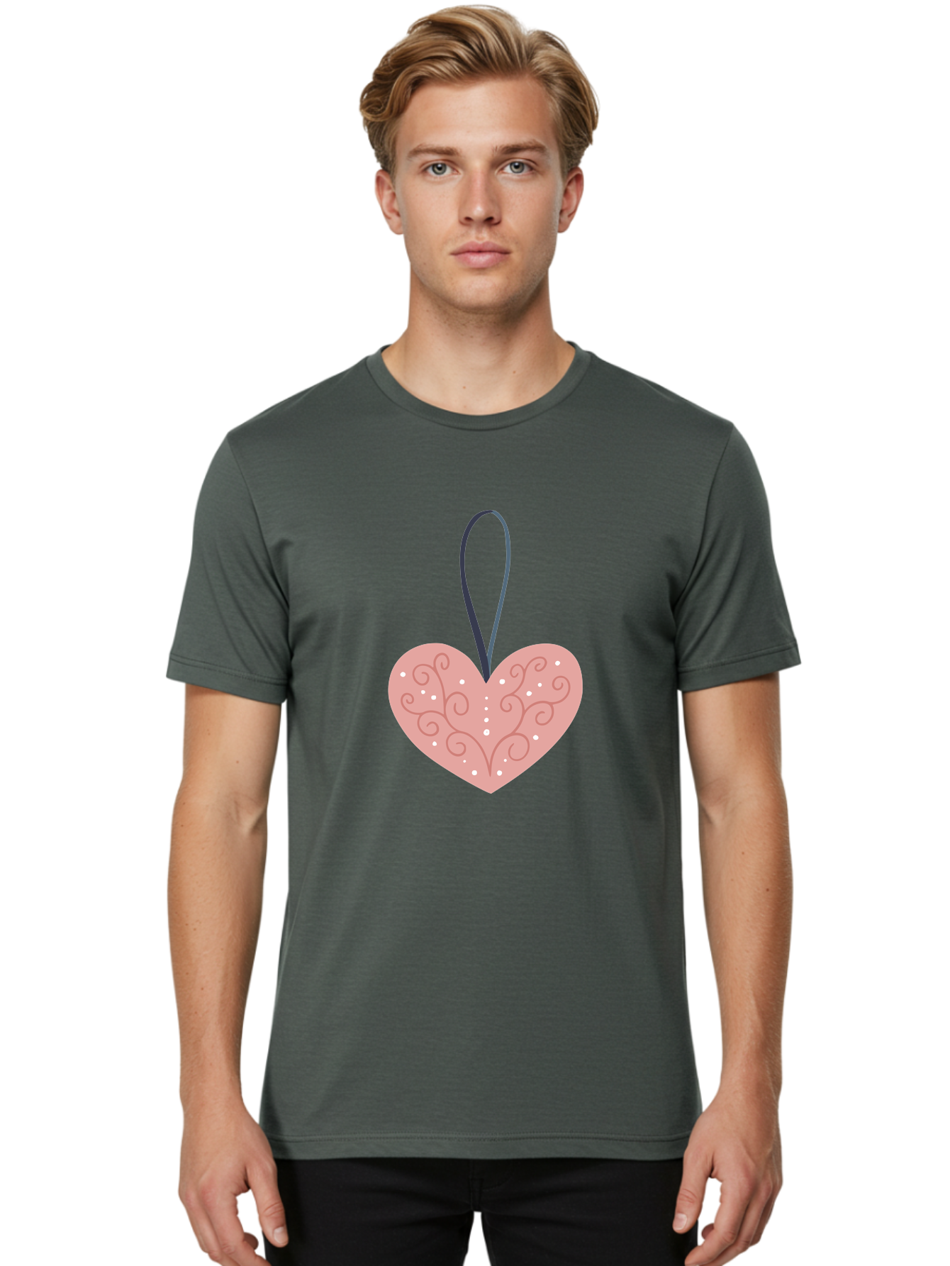 Pink-Heart-Ornament Men'S Graphic Tee, 100% Cotton, Comfortable Casual Summer Wear, Machine Washable, Pink Heart Ornament, Decorative Design, Swirling Patterns, White Dots, Hanging Decoration, Love Symbol, Valentines Day Gift, Festive Decor Aac077
