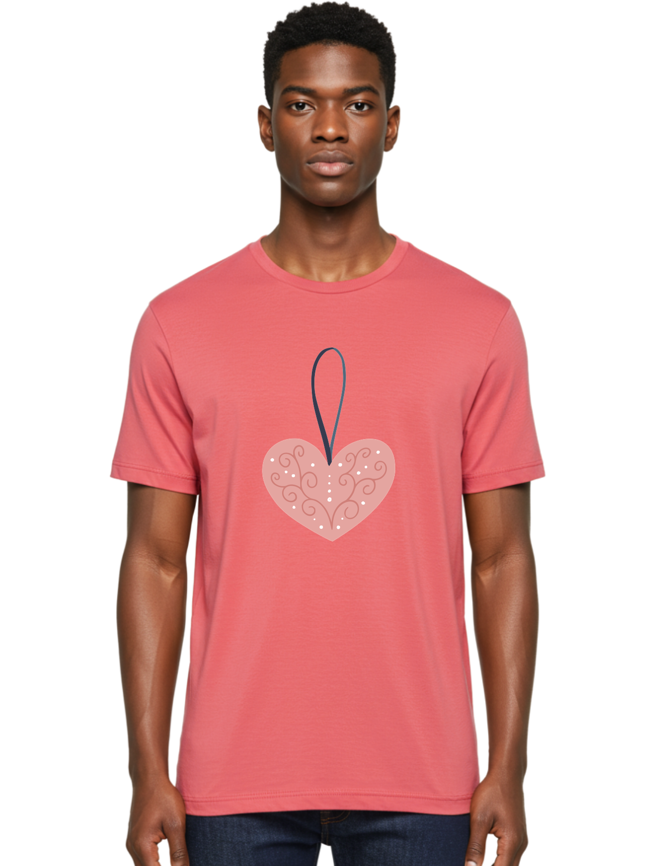 Pink-Heart-Ornament Men'S Graphic Tee, 100% Cotton, Comfortable Casual Summer Wear, Machine Washable, Pink Heart Ornament, Decorative Design, Swirling Patterns, White Dots, Hanging Decoration, Love Symbol, Valentines Day Gift, Festive Decor Aac077