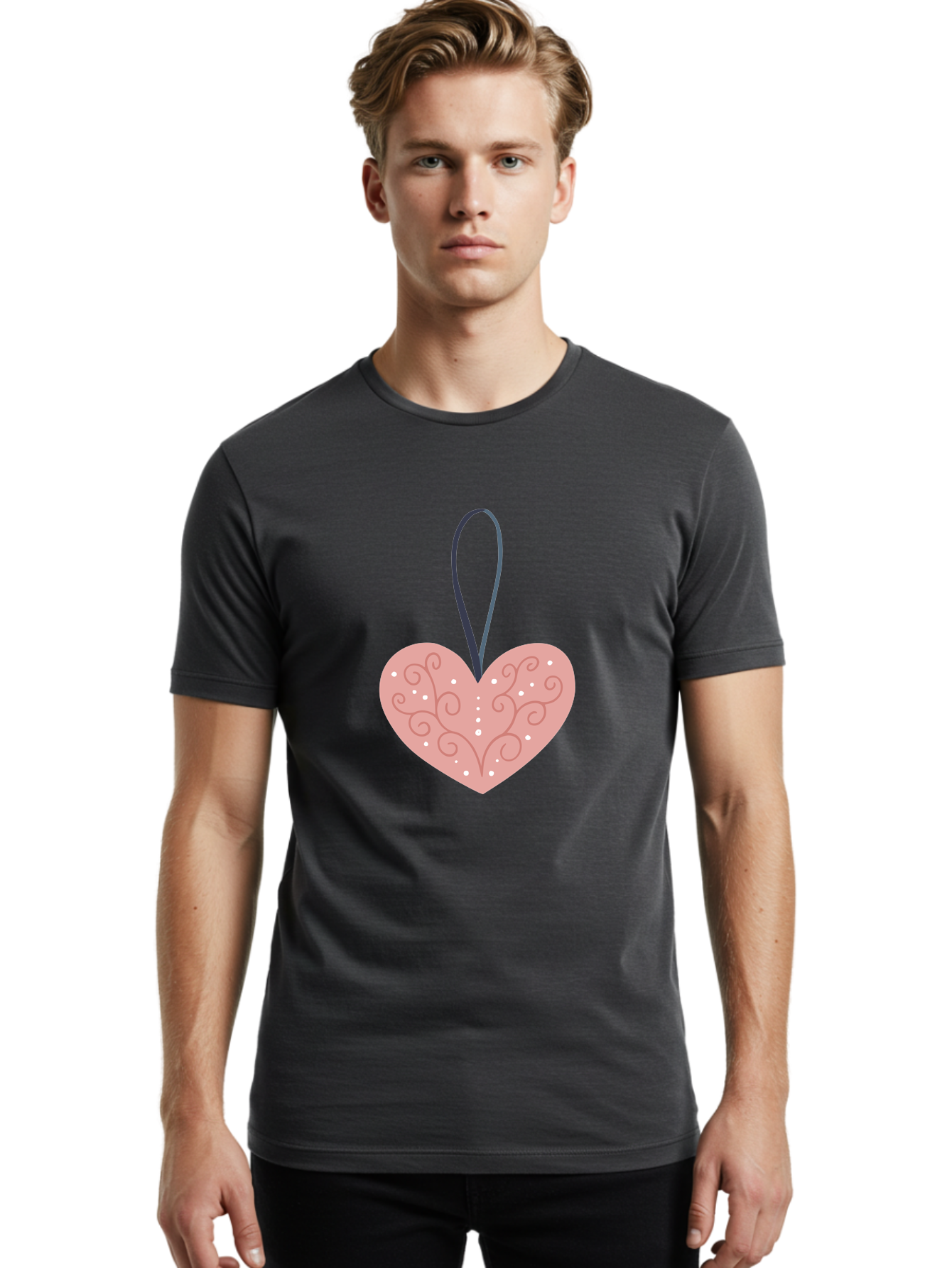 Pink-Heart-Ornament Men'S Graphic Tee, 100% Cotton, Comfortable Casual Summer Wear, Machine Washable, Pink Heart Ornament, Decorative Design, Swirling Patterns, White Dots, Hanging Decoration, Love Symbol, Valentines Day Gift, Festive Decor Aac077