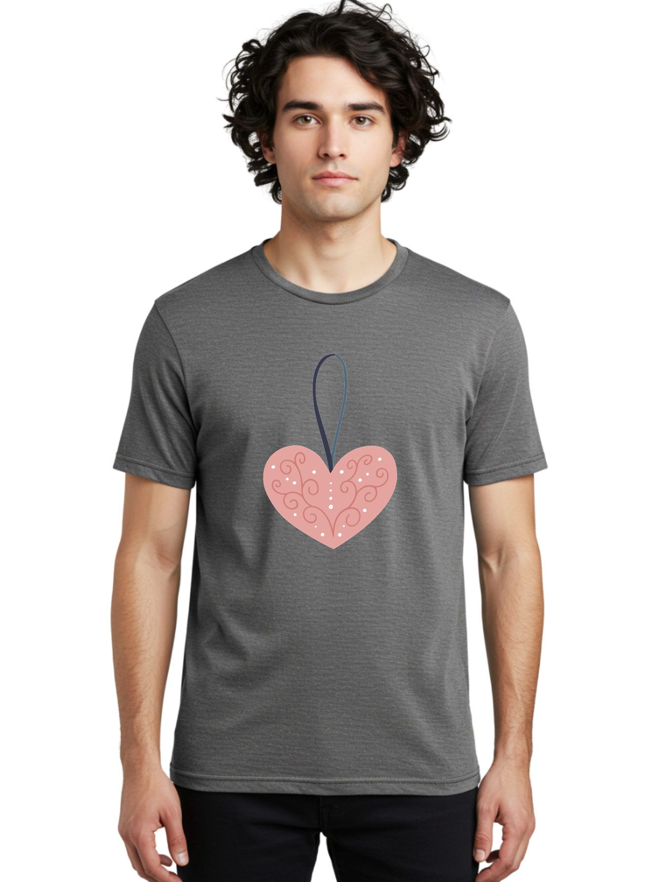 Pink-Heart-Ornament Men'S Graphic Tee, 100% Cotton, Comfortable Casual Summer Wear, Machine Washable, Pink Heart Ornament, Decorative Design, Swirling Patterns, White Dots, Hanging Decoration, Love Symbol, Valentines Day Gift, Festive Decor Aac077