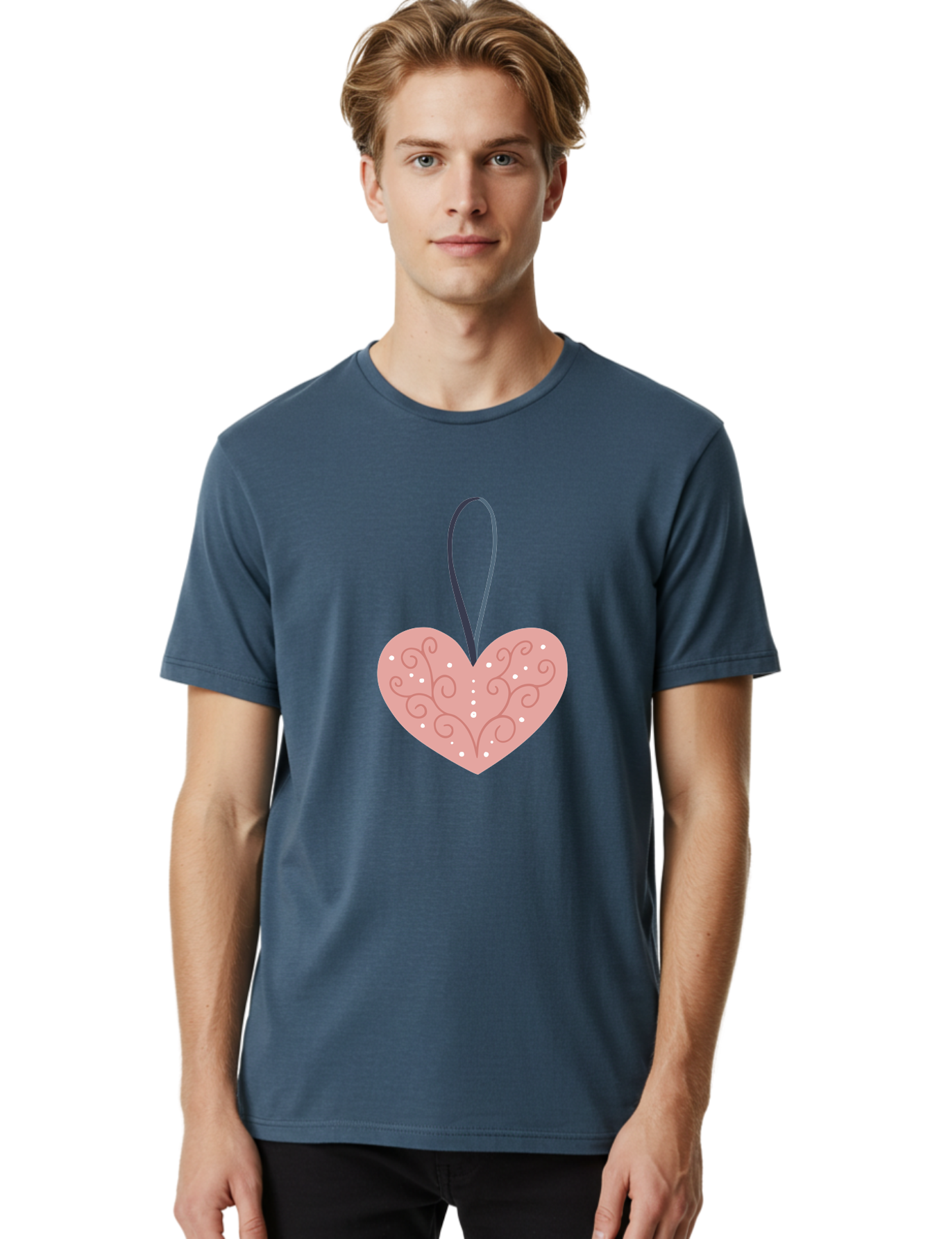 Pink-Heart-Ornament Men'S Graphic Tee, 100% Cotton, Comfortable Casual Summer Wear, Machine Washable, Pink Heart Ornament, Decorative Design, Swirling Patterns, White Dots, Hanging Decoration, Love Symbol, Valentines Day Gift, Festive Decor Aac077