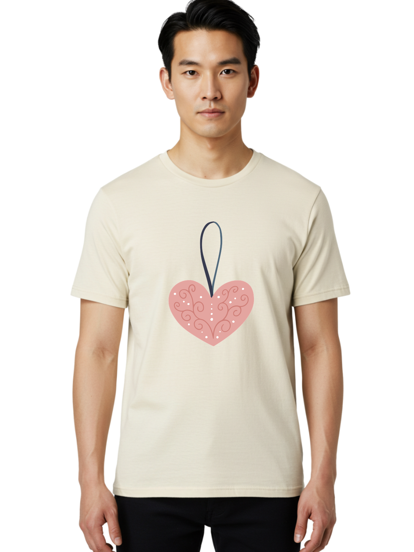 Pink-Heart-Ornament Men'S Graphic Tee, 100% Cotton, Comfortable Casual Summer Wear, Machine Washable, Pink Heart Ornament, Decorative Design, Swirling Patterns, White Dots, Hanging Decoration, Love Symbol, Valentines Day Gift, Festive Decor Aac077