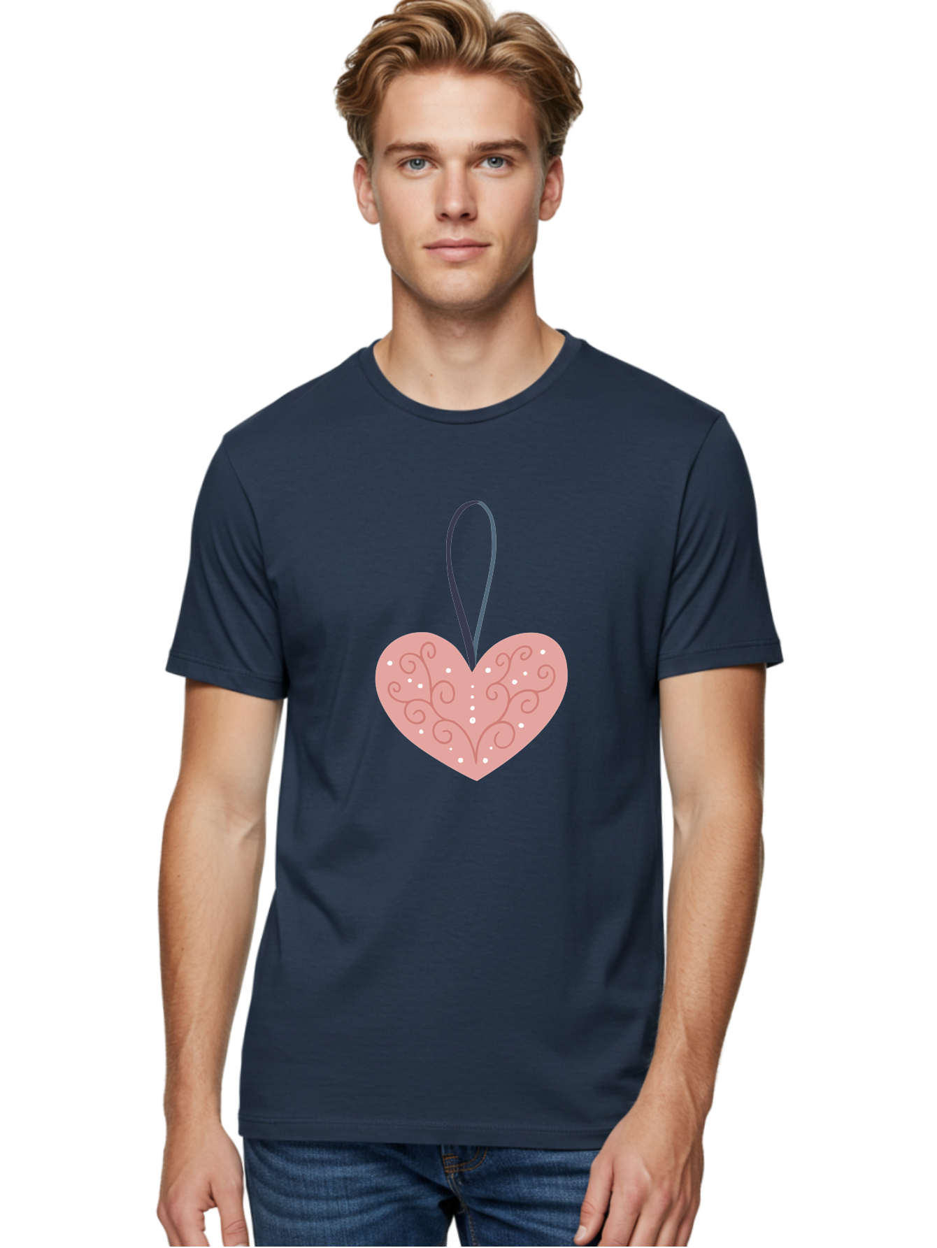 Pink-Heart-Ornament Men'S Graphic Tee, 100% Cotton, Comfortable Casual Summer Wear, Machine Washable, Pink Heart Ornament, Decorative Design, Swirling Patterns, White Dots, Hanging Decoration, Love Symbol, Valentines Day Gift, Festive Decor Aac077