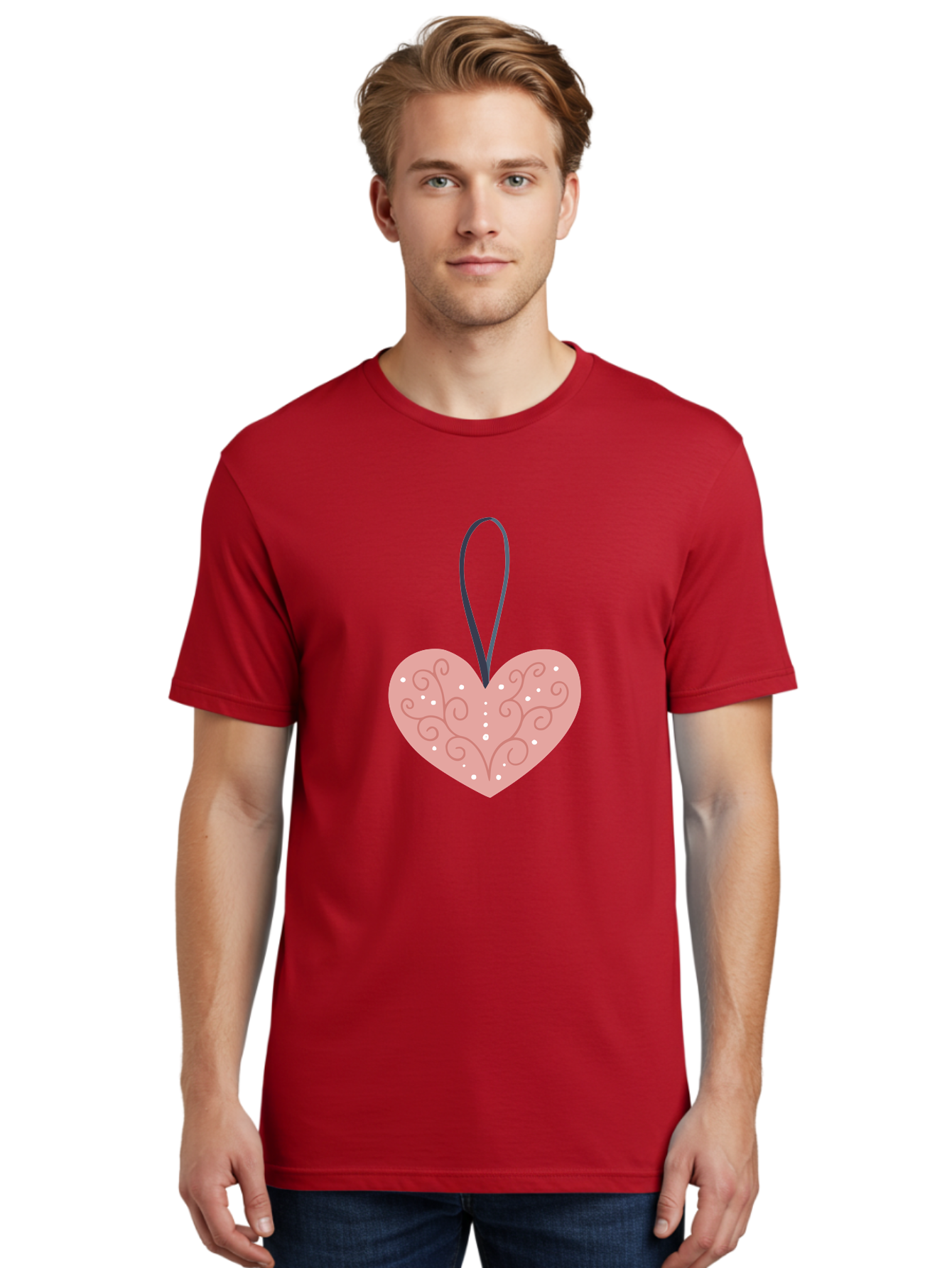 Pink-Heart-Ornament Men'S Graphic Tee, 100% Cotton, Comfortable Casual Summer Wear, Machine Washable, Pink Heart Ornament, Decorative Design, Swirling Patterns, White Dots, Hanging Decoration, Love Symbol, Valentines Day Gift, Festive Decor Aac077