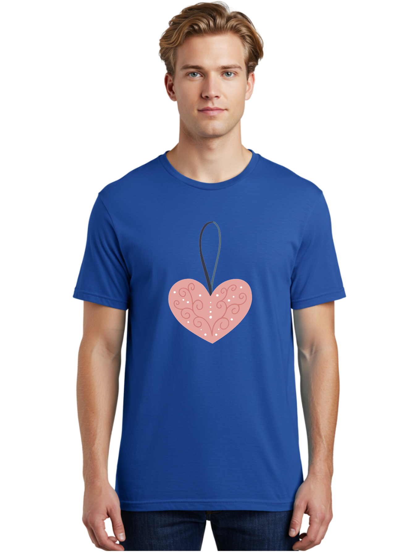 Pink-Heart-Ornament Men'S Graphic Tee, 100% Cotton, Comfortable Casual Summer Wear, Machine Washable, Pink Heart Ornament, Decorative Design, Swirling Patterns, White Dots, Hanging Decoration, Love Symbol, Valentines Day Gift, Festive Decor Aac077