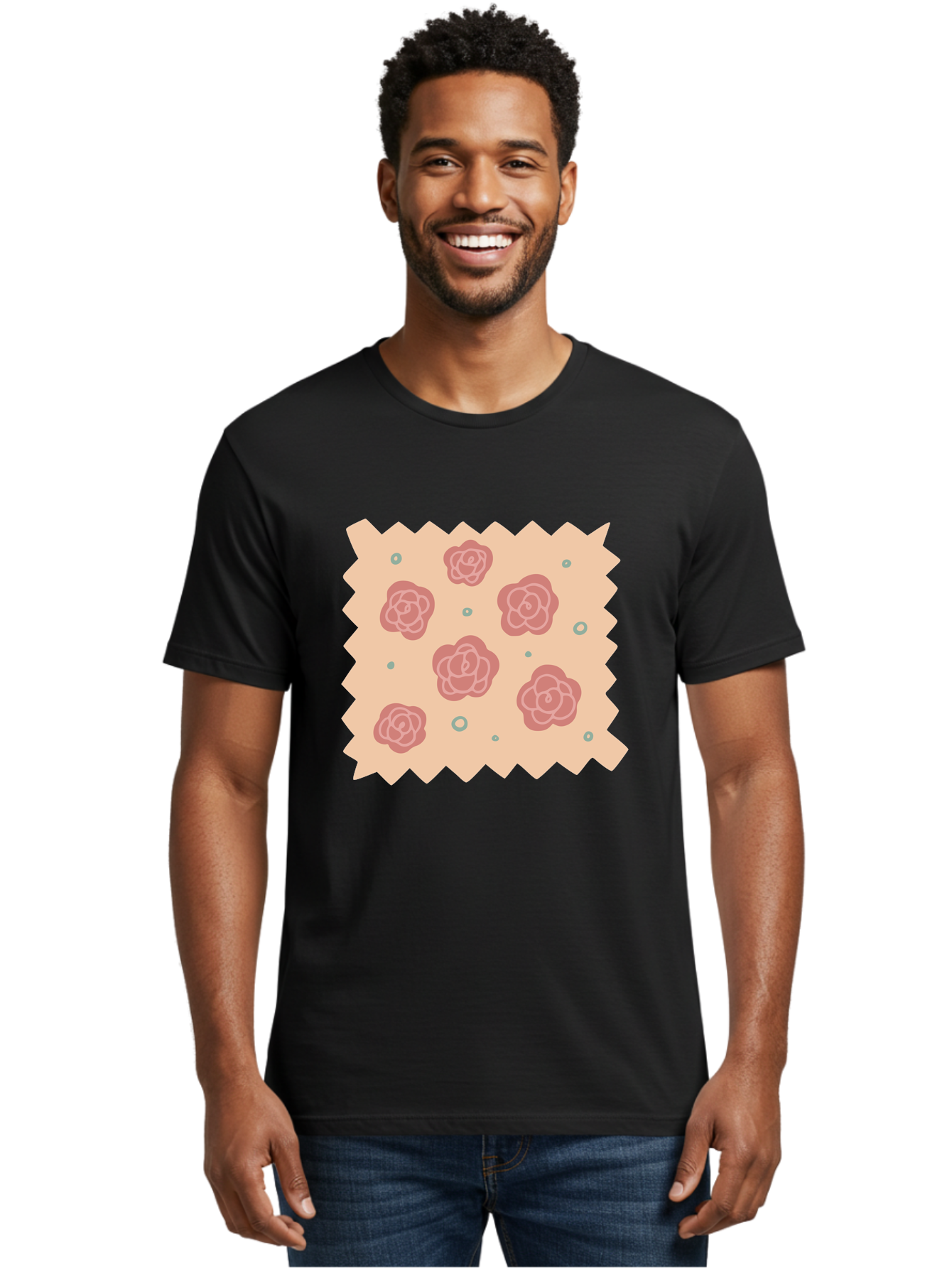 Pink-Roses Men'S Graphic Tee, 100% Cotton, Comfortable Casual Summer Wear, Machine Washable, Pink Roses, White Outlines, Floral Pattern, Decorative Design, Abstract Flowers, Elegant Graphics, Minimalist Art Aac079
