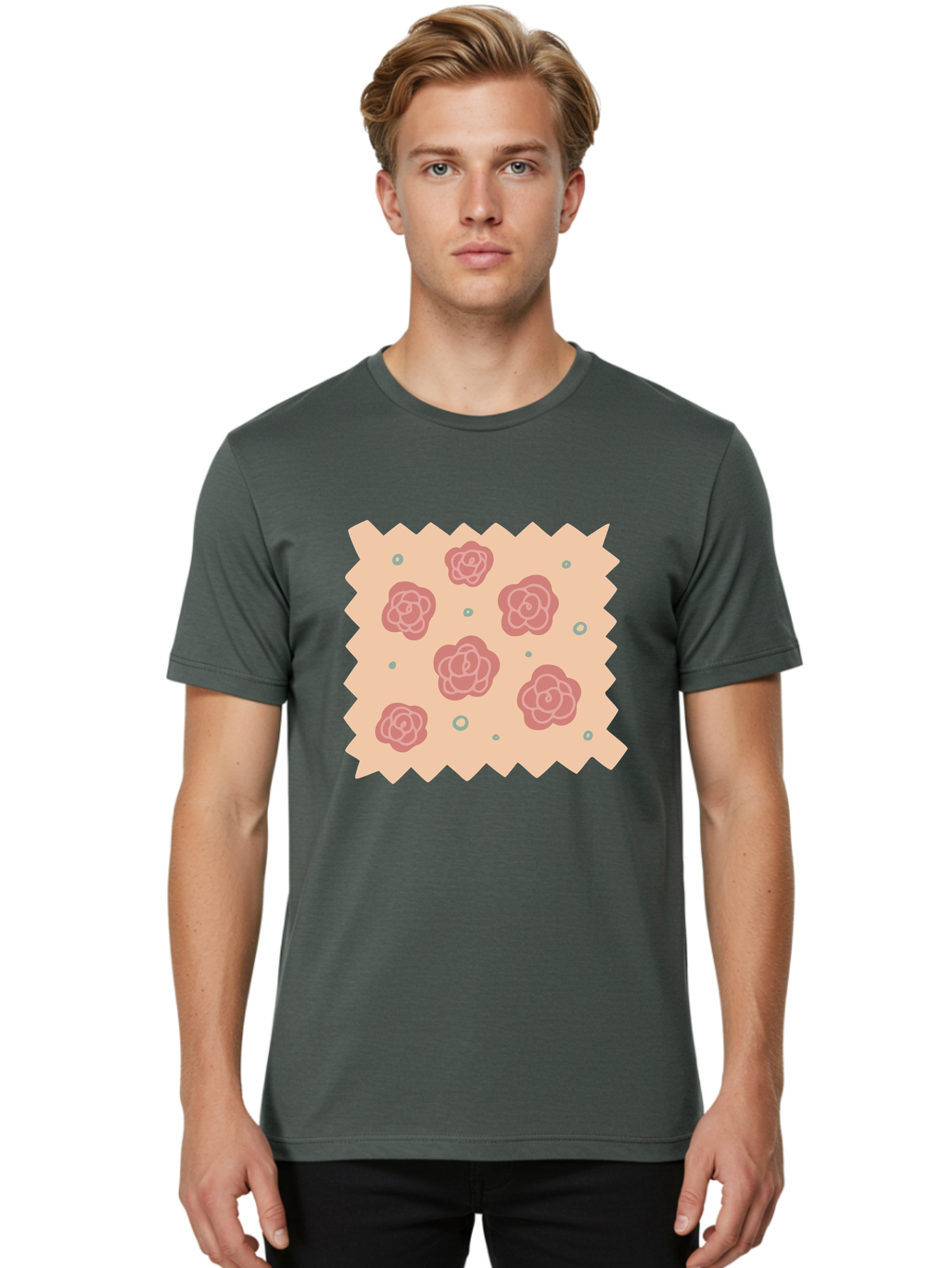 Pink-Roses Men'S Graphic Tee, 100% Cotton, Comfortable Casual Summer Wear, Machine Washable, Pink Roses, White Outlines, Floral Pattern, Decorative Design, Abstract Flowers, Elegant Graphics, Minimalist Art Aac079