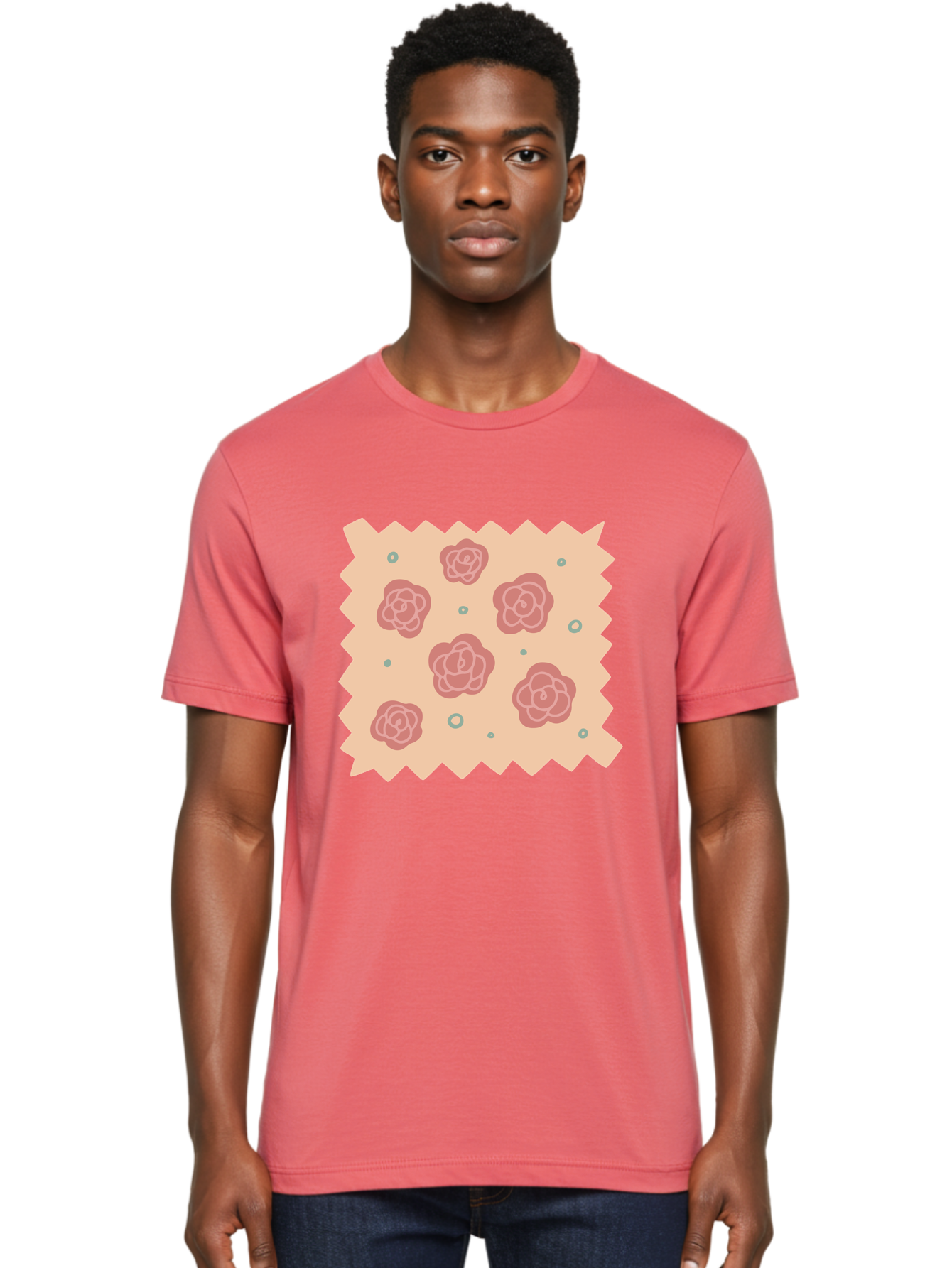Pink-Roses Men'S Graphic Tee, 100% Cotton, Comfortable Casual Summer Wear, Machine Washable, Pink Roses, White Outlines, Floral Pattern, Decorative Design, Abstract Flowers, Elegant Graphics, Minimalist Art Aac079
