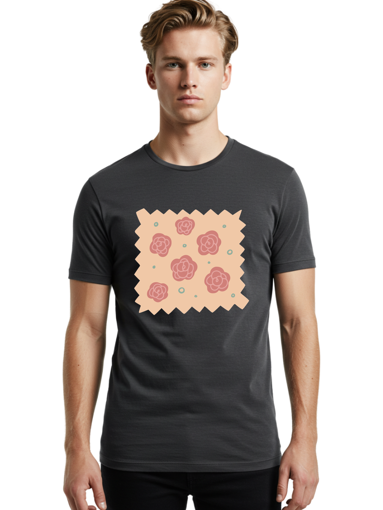 Pink-Roses Men'S Graphic Tee, 100% Cotton, Comfortable Casual Summer Wear, Machine Washable, Pink Roses, White Outlines, Floral Pattern, Decorative Design, Abstract Flowers, Elegant Graphics, Minimalist Art Aac079