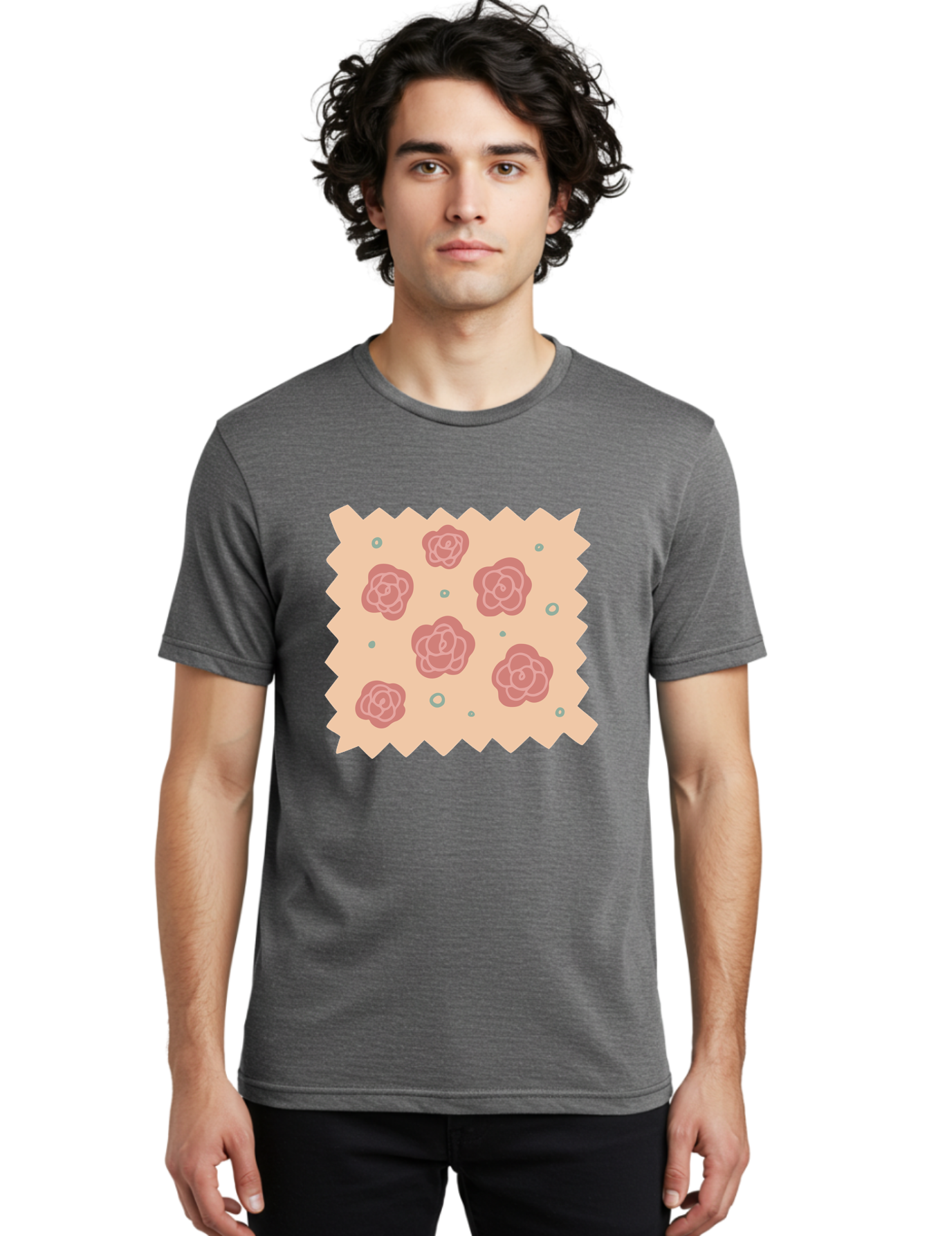 Pink-Roses Men'S Graphic Tee, 100% Cotton, Comfortable Casual Summer Wear, Machine Washable, Pink Roses, White Outlines, Floral Pattern, Decorative Design, Abstract Flowers, Elegant Graphics, Minimalist Art Aac079