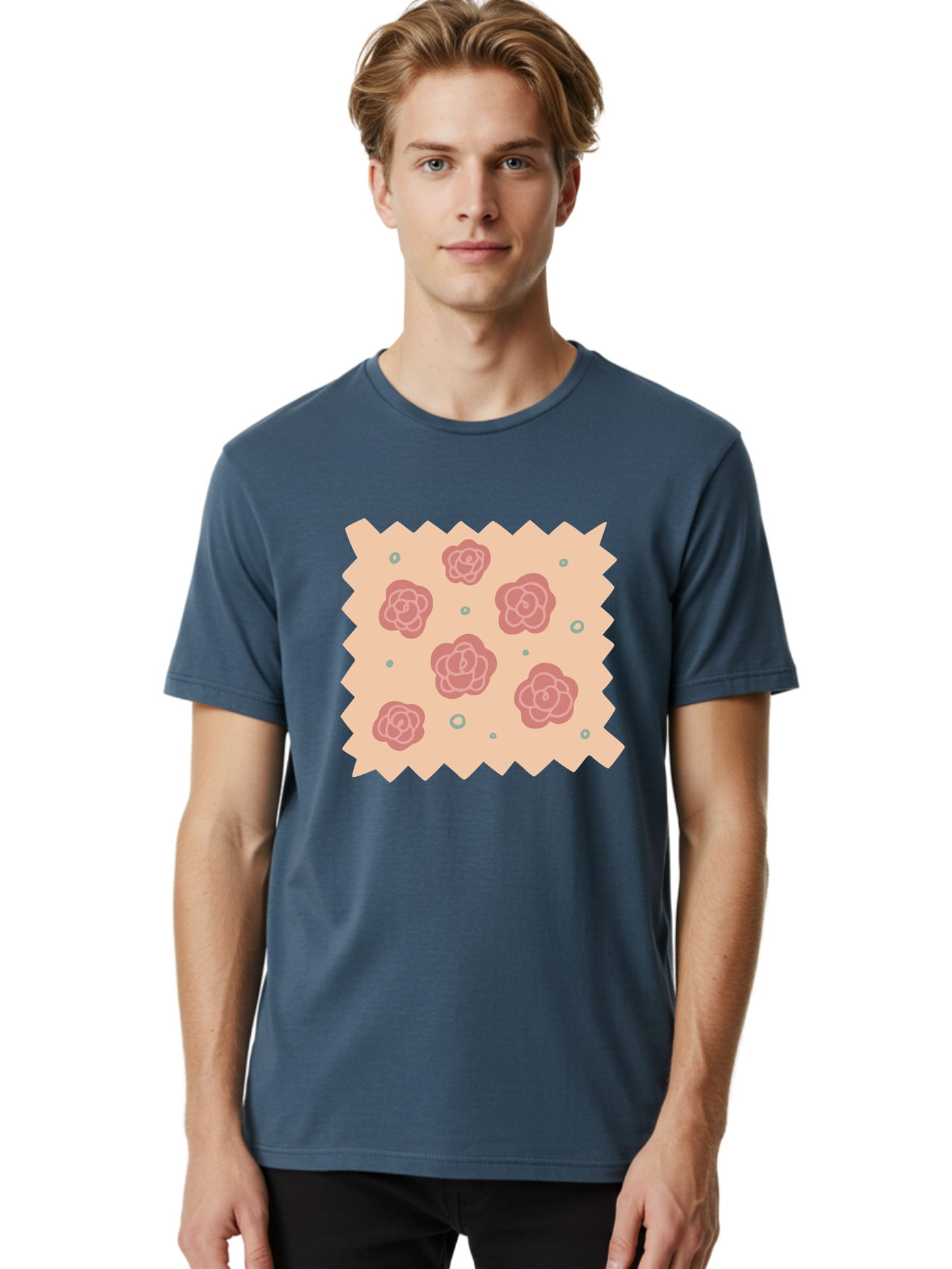Pink-Roses Men'S Graphic Tee, 100% Cotton, Comfortable Casual Summer Wear, Machine Washable, Pink Roses, White Outlines, Floral Pattern, Decorative Design, Abstract Flowers, Elegant Graphics, Minimalist Art Aac079