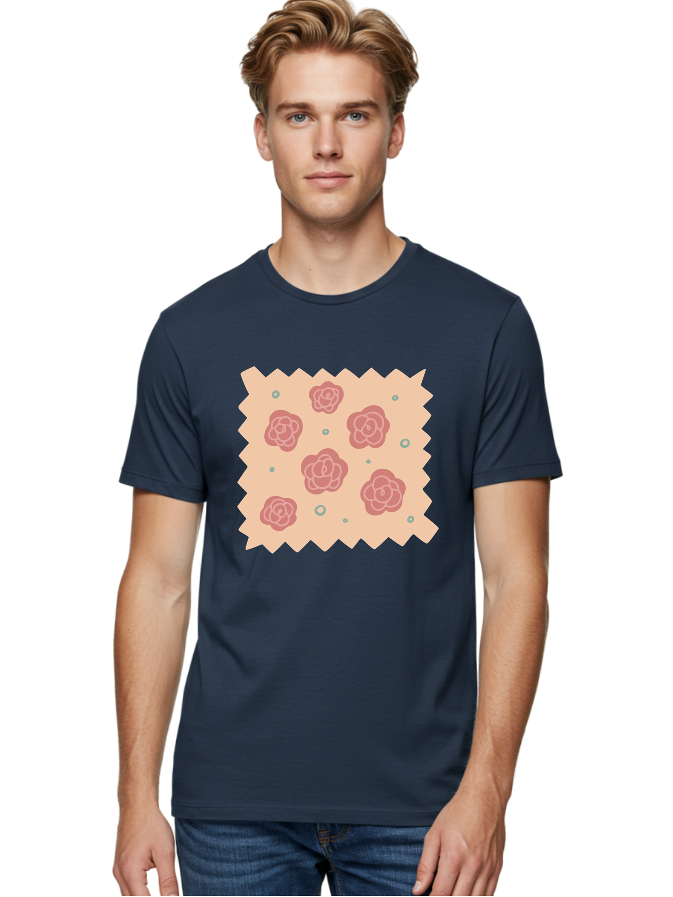 Pink-Roses Men'S Graphic Tee, 100% Cotton, Comfortable Casual Summer Wear, Machine Washable, Pink Roses, White Outlines, Floral Pattern, Decorative Design, Abstract Flowers, Elegant Graphics, Minimalist Art Aac079