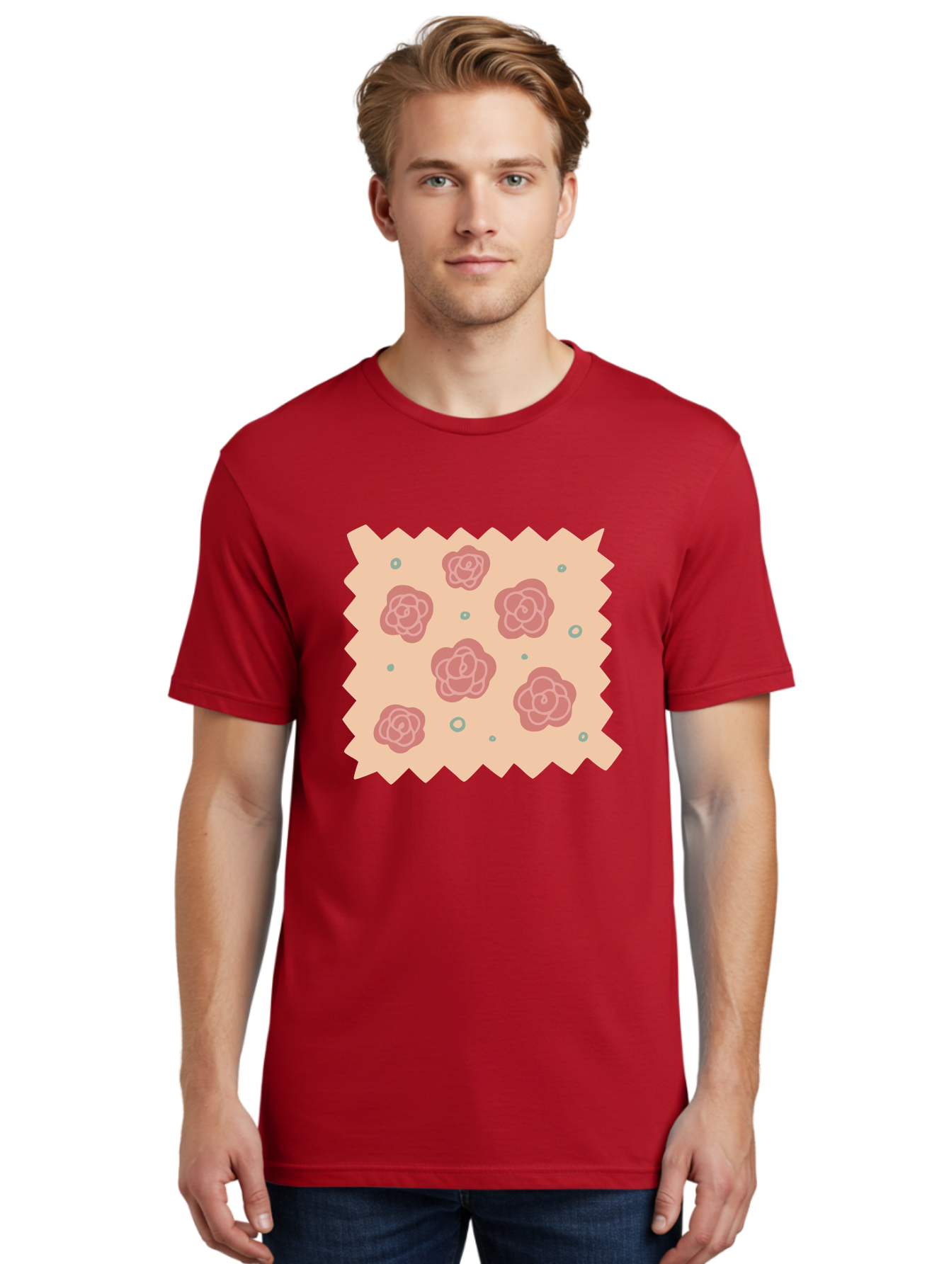 Pink-Roses Men'S Graphic Tee, 100% Cotton, Comfortable Casual Summer Wear, Machine Washable, Pink Roses, White Outlines, Floral Pattern, Decorative Design, Abstract Flowers, Elegant Graphics, Minimalist Art Aac079