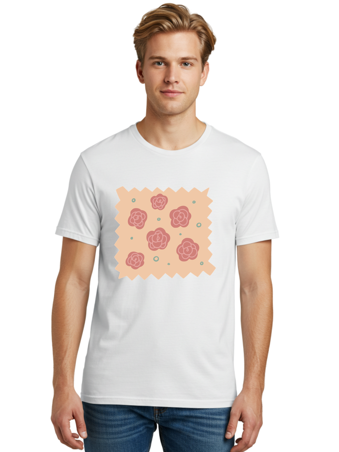 Pink-Roses Men'S Graphic Tee, 100% Cotton, Comfortable Casual Summer Wear, Machine Washable, Pink Roses, White Outlines, Floral Pattern, Decorative Design, Abstract Flowers, Elegant Graphics, Minimalist Art Aac079
