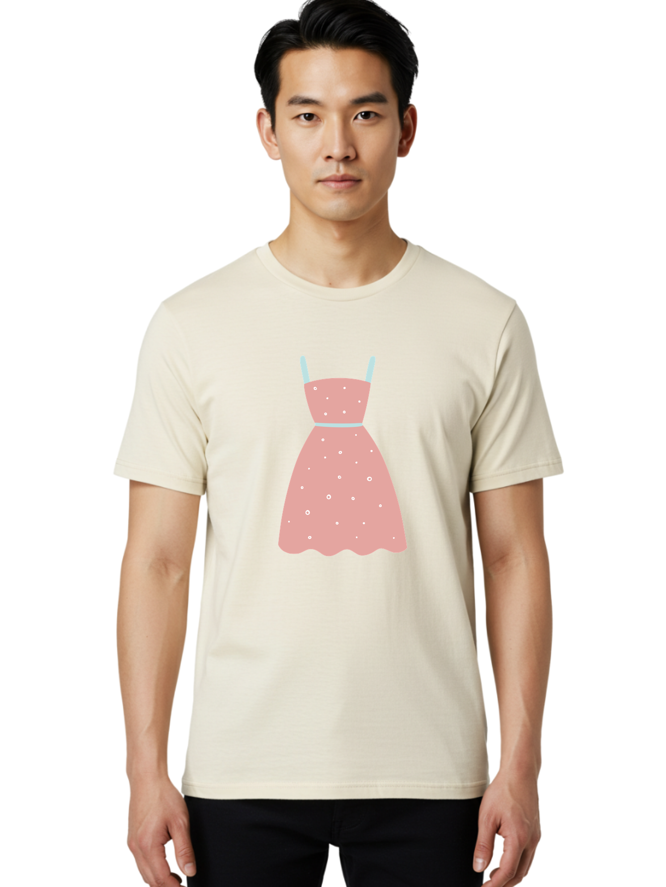 Polka-Dot-Dress Men'S Graphic Tee, 100% Cotton, Comfortable Casual Summer Wear, Machine Washable, Pink Dress, Polka Dot Pattern, Feminine Fashion, Elegant Design, White Accents, Stylish Clothing, Retro Style, Women'S Wear, Polka Dot Dress Aac085