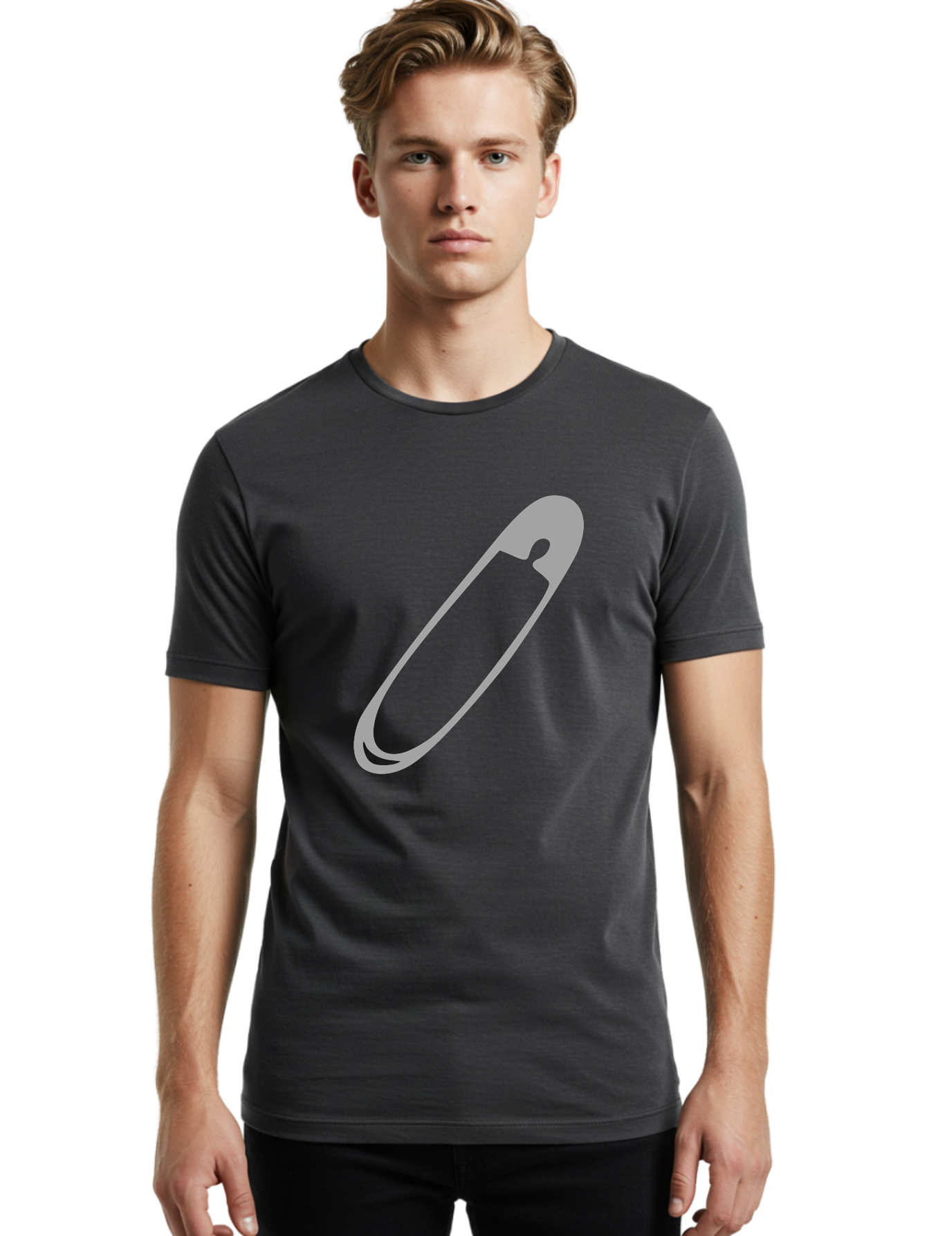 Safety-Pin-1 Men'S Graphic Tee, 100% Cotton, Comfortable Casual Summer Wear, Machine Washable, Safety Pin, Gray Metal, Simple Design, Minimalist Style, Utility Icon, Fashion Accessory, Office Supply Aac094