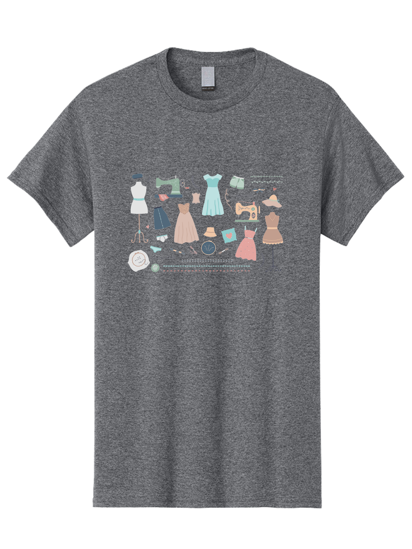 Sewing-Clipart Men'S Graphic Tee, 100% Cotton, Comfortable Casual Summer Wear, Machine Washable, Dresses, Sewing Machines, Mannequins, Fashion Design, Textile Art, Sewing Tools, Threads, Buttons, Fashion Illustration, Custom Clothing, Aac098