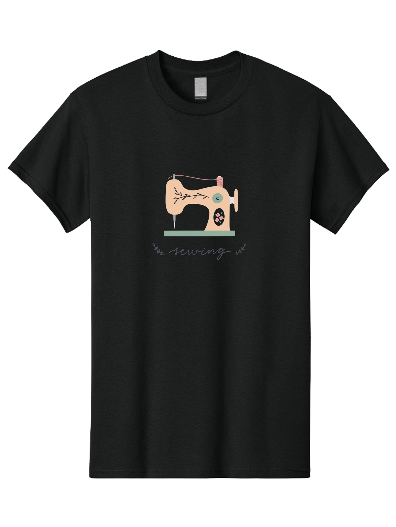 Sewing-Machine-1 Men'S Graphic Tee, 100% Cotton, Comfortable Casual Summer Wear, Machine Washable, Sewing Machine, Pink Floral Pattern, Beige Machine, Green Base, Red Thread, White Leaf Design, Creative Hobbies, Handmade Crafts, Needlework, Aac100