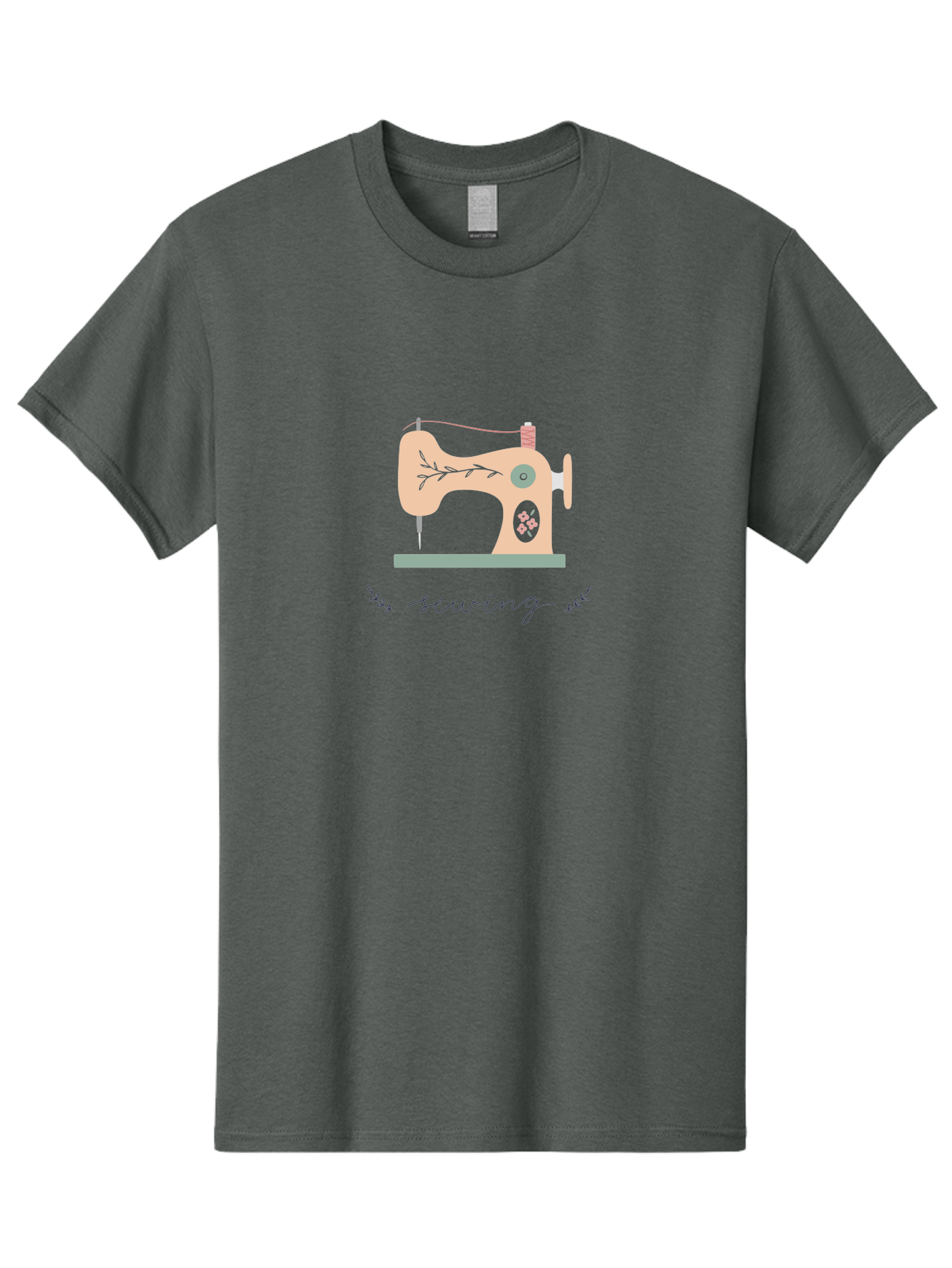 Sewing-Machine-1 Men'S Graphic Tee, 100% Cotton, Comfortable Casual Summer Wear, Machine Washable, Sewing Machine, Pink Floral Pattern, Beige Machine, Green Base, Red Thread, White Leaf Design, Creative Hobbies, Handmade Crafts, Needlework, Aac100