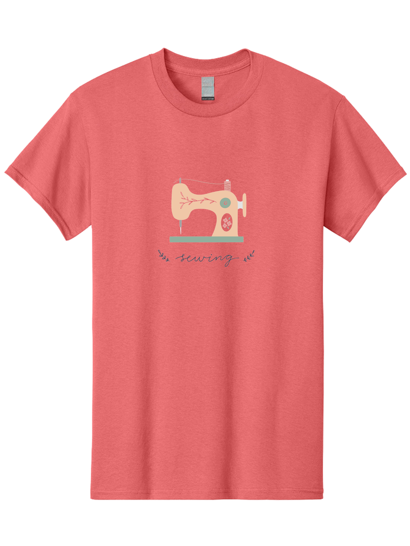 Sewing-Machine-1 Men'S Graphic Tee, 100% Cotton, Comfortable Casual Summer Wear, Machine Washable, Sewing Machine, Pink Floral Pattern, Beige Machine, Green Base, Red Thread, White Leaf Design, Creative Hobbies, Handmade Crafts, Needlework, Aac100