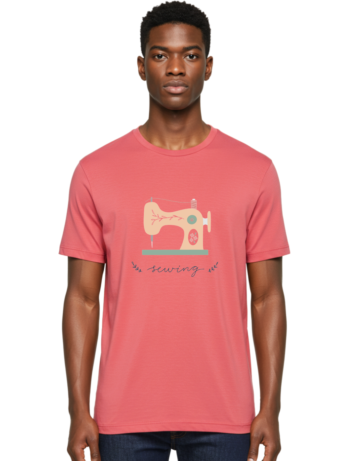 Sewing-Machine-1 Men'S Graphic Tee, 100% Cotton, Comfortable Casual Summer Wear, Machine Washable, Sewing Machine, Pink Floral Pattern, Beige Machine, Green Base, Red Thread, White Leaf Design, Creative Hobbies, Handmade Crafts, Needlework, Aac100