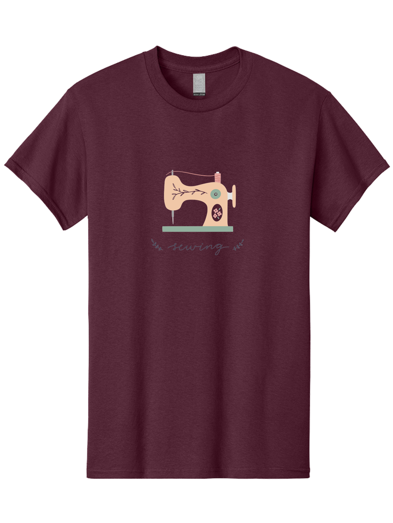 Sewing-Machine-1 Men'S Graphic Tee, 100% Cotton, Comfortable Casual Summer Wear, Machine Washable, Sewing Machine, Pink Floral Pattern, Beige Machine, Green Base, Red Thread, White Leaf Design, Creative Hobbies, Handmade Crafts, Needlework, Aac100