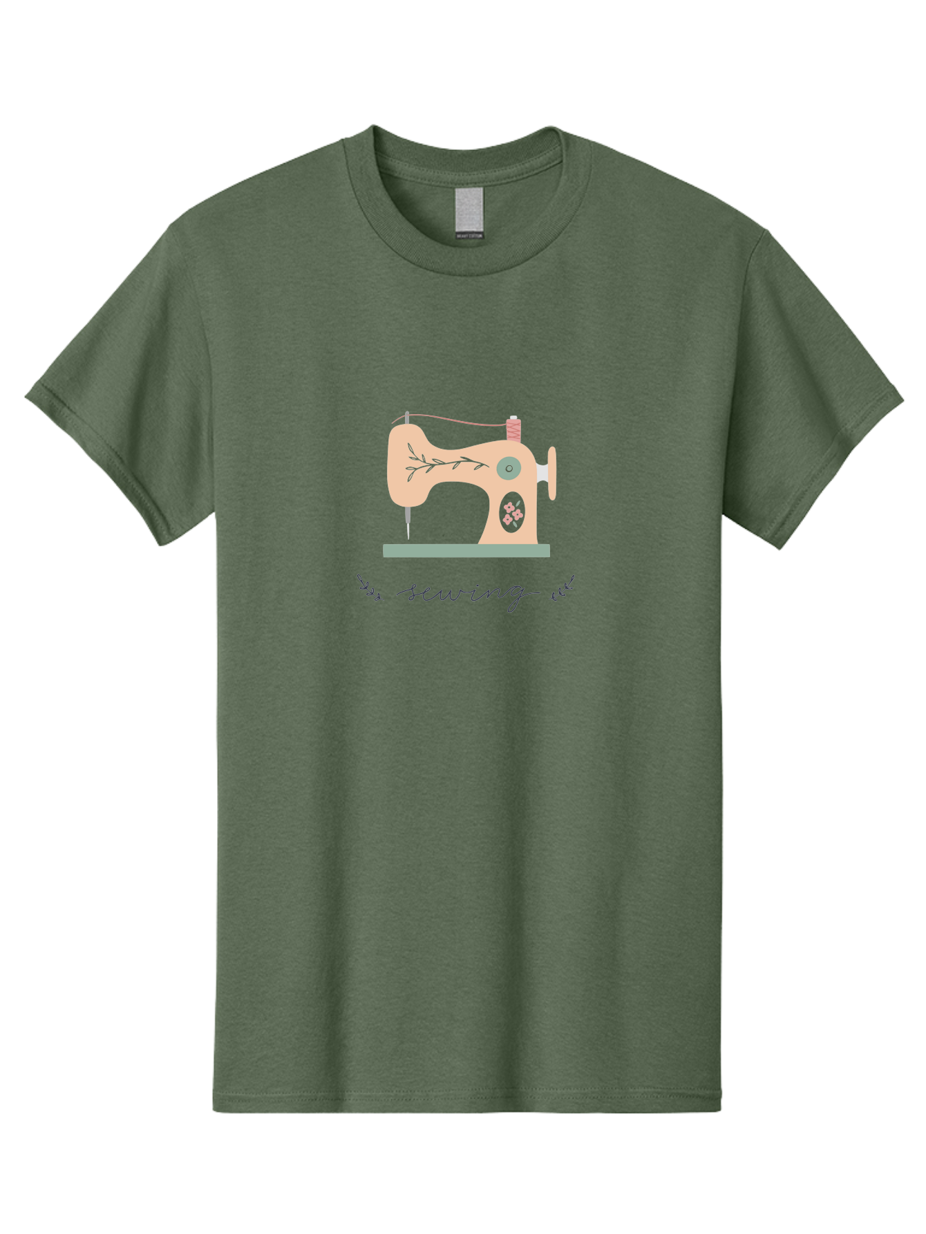 Sewing-Machine-1 Men'S Graphic Tee, 100% Cotton, Comfortable Casual Summer Wear, Machine Washable, Sewing Machine, Pink Floral Pattern, Beige Machine, Green Base, Red Thread, White Leaf Design, Creative Hobbies, Handmade Crafts, Needlework, Aac100