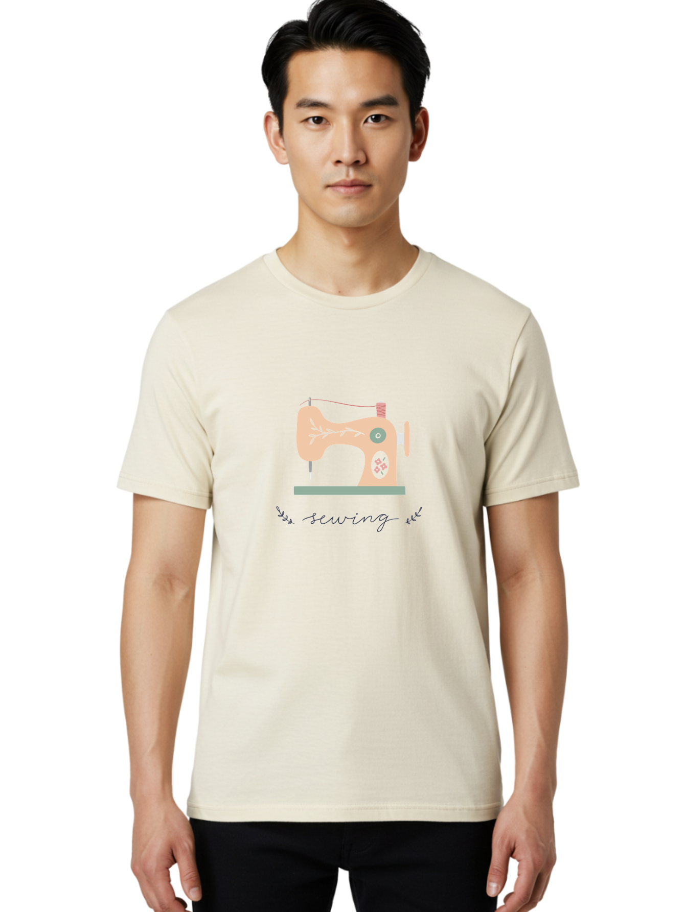 Sewing-Machine-1 Men'S Graphic Tee, 100% Cotton, Comfortable Casual Summer Wear, Machine Washable, Sewing Machine, Pink Floral Pattern, Beige Machine, Green Base, Red Thread, White Leaf Design, Creative Hobbies, Handmade Crafts, Needlework, Aac100