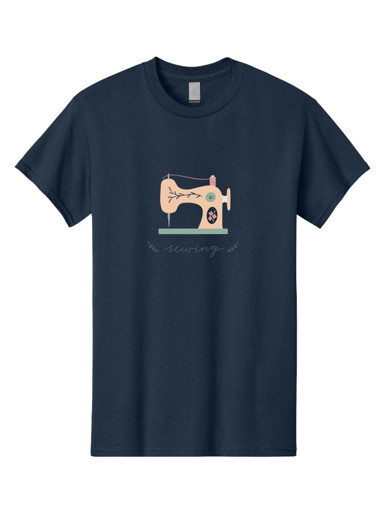 Sewing-Machine-1 Men'S Graphic Tee, 100% Cotton, Comfortable Casual Summer Wear, Machine Washable, Sewing Machine, Pink Floral Pattern, Beige Machine, Green Base, Red Thread, White Leaf Design, Creative Hobbies, Handmade Crafts, Needlework, Aac100