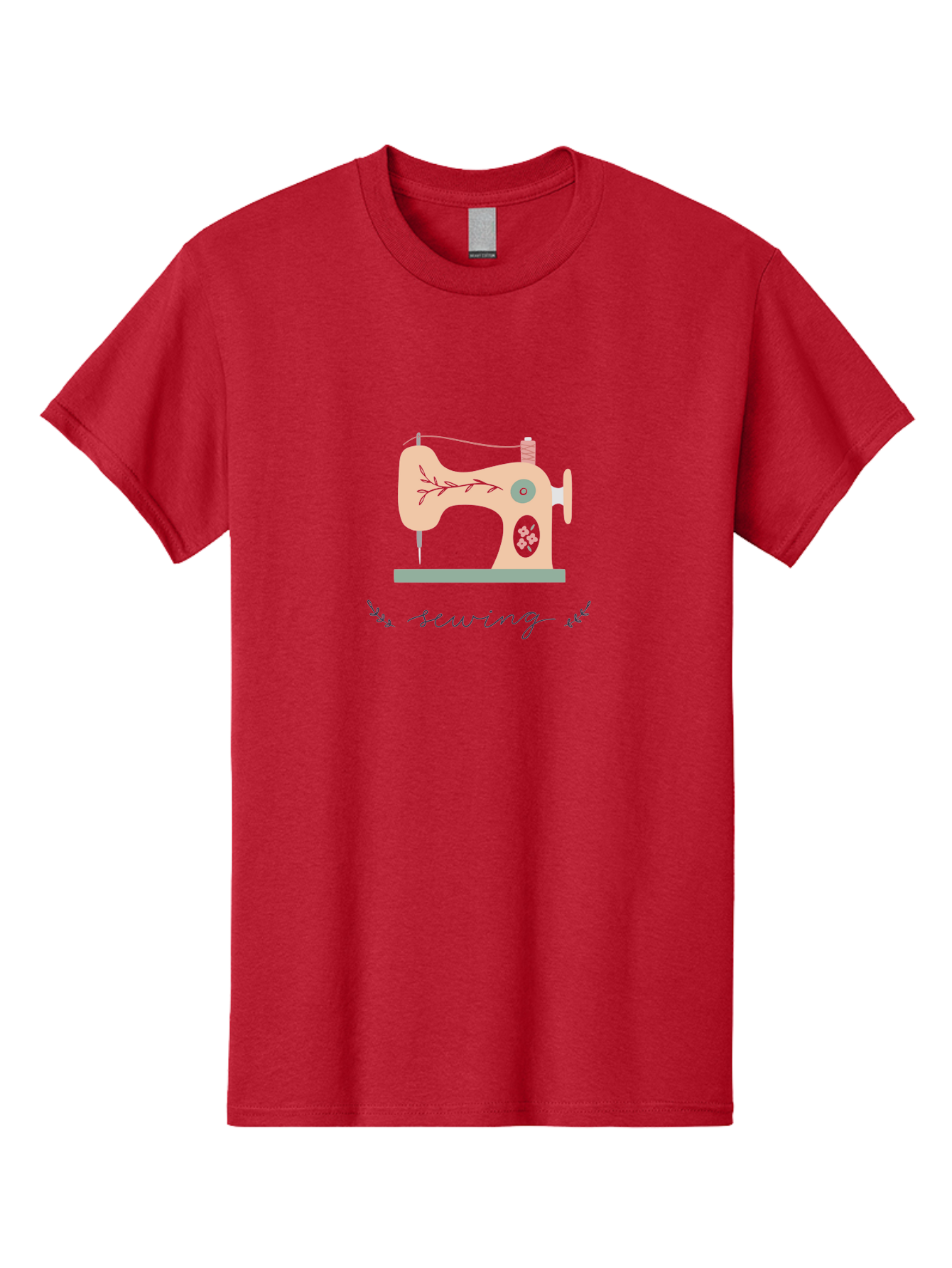 Sewing-Machine-1 Men'S Graphic Tee, 100% Cotton, Comfortable Casual Summer Wear, Machine Washable, Sewing Machine, Pink Floral Pattern, Beige Machine, Green Base, Red Thread, White Leaf Design, Creative Hobbies, Handmade Crafts, Needlework, Aac100