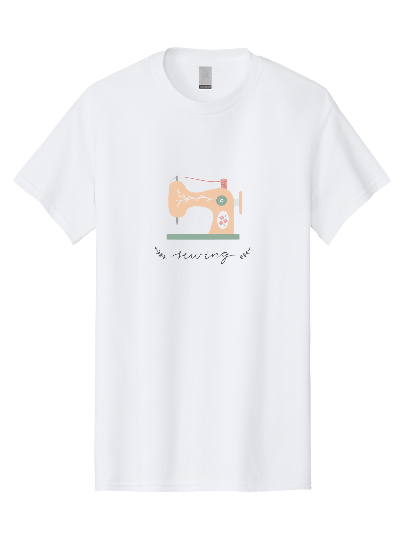 Sewing-Machine-1 Men'S Graphic Tee, 100% Cotton, Comfortable Casual Summer Wear, Machine Washable, Sewing Machine, Pink Floral Pattern, Beige Machine, Green Base, Red Thread, White Leaf Design, Creative Hobbies, Handmade Crafts, Needlework, Aac100