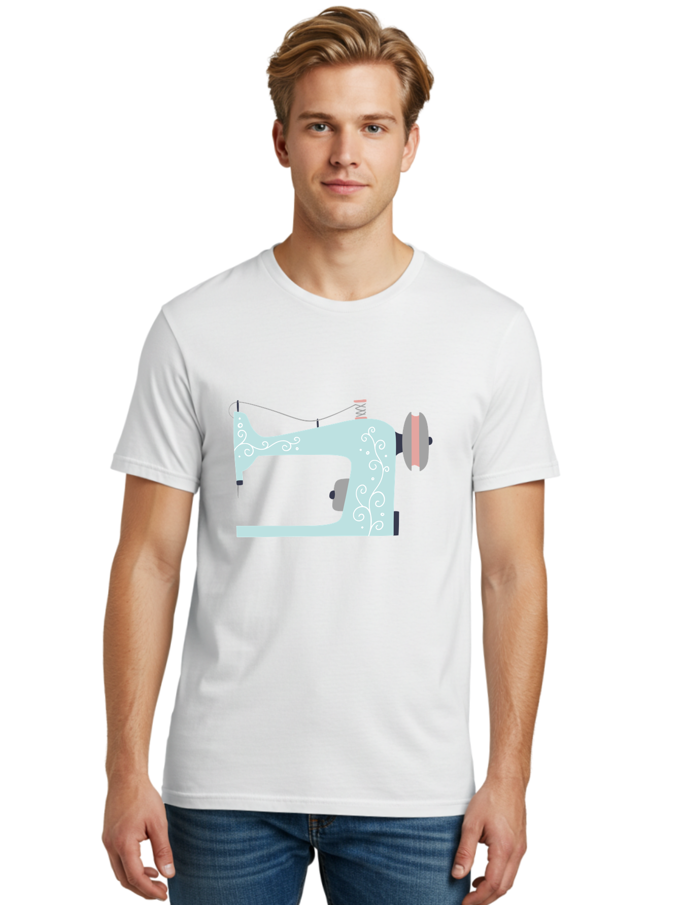 Sewing-Machine-2 Men'S Graphic Tee, 100% Cotton, Comfortable Casual Summer Wear, Machine Washable, Sewing Machine, Vintage Style, Floral Patterns, Pastel Colors, Sewing Equipment, Tailoring, Fashion Design, Textile Art, Embroidery Aac101