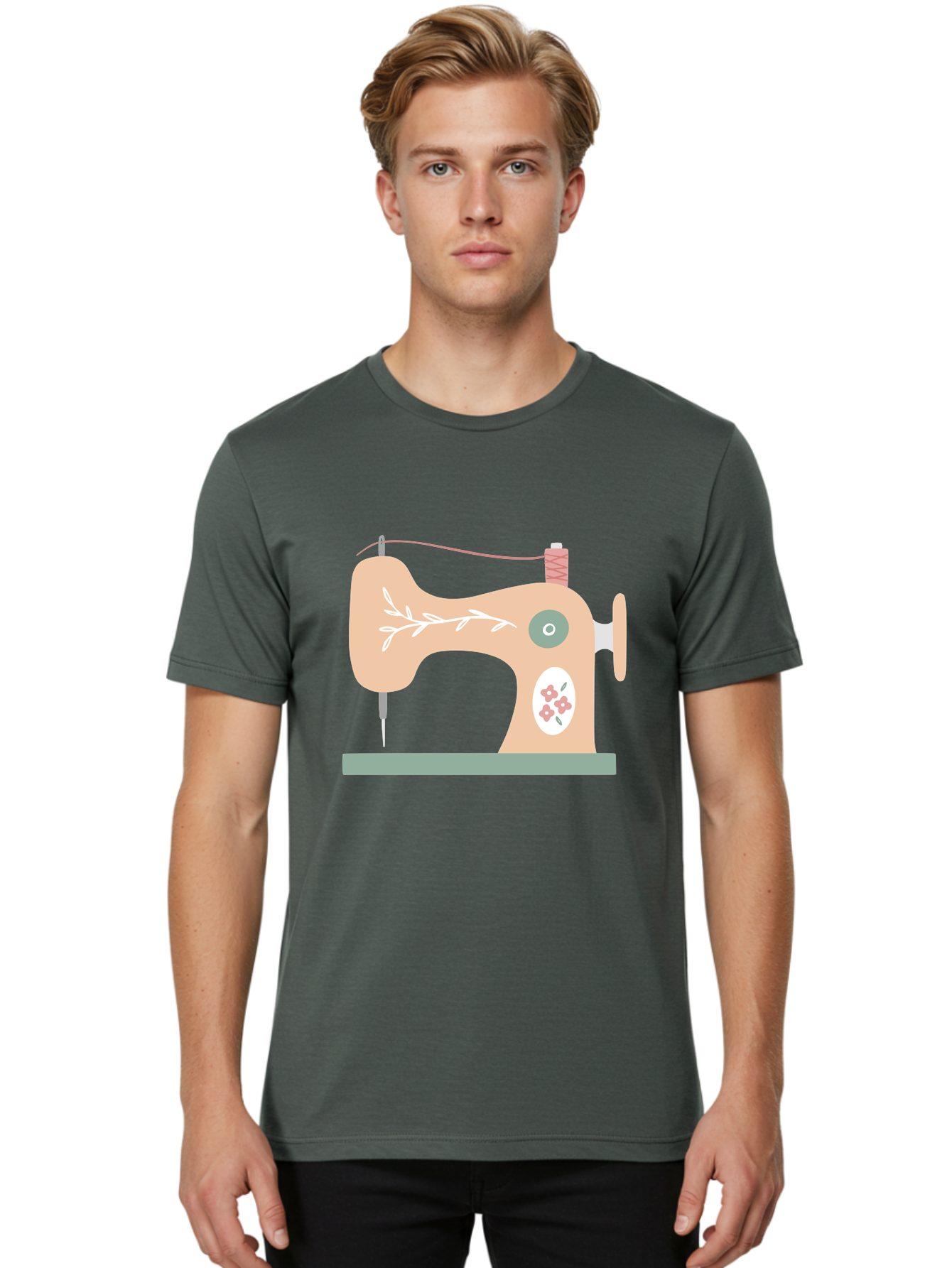 Sewing-Machine-5 Men'S Graphic Tee, 100% Cotton, Comfortable Casual Summer Wear, Machine Washable, Vintage Sewing Machine, Floral Patterns, Embroidery Designs, Needle And Thread, Pastel Colors, Creative Crafting, Diy Sewing, Textile Art, Aac104