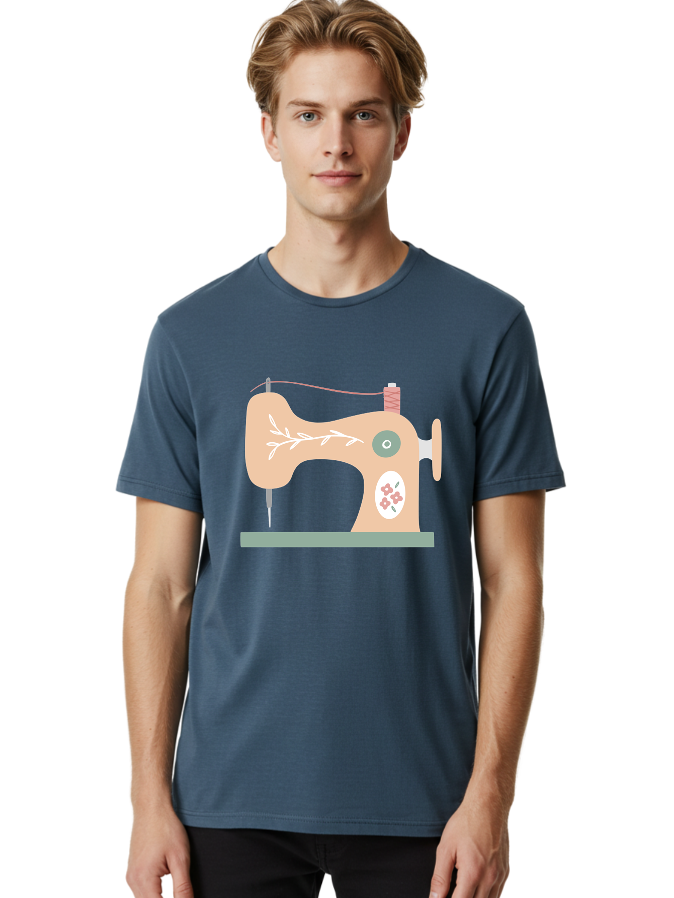 Sewing-Machine-5 Men'S Graphic Tee, 100% Cotton, Comfortable Casual Summer Wear, Machine Washable, Vintage Sewing Machine, Floral Patterns, Embroidery Designs, Needle And Thread, Pastel Colors, Creative Crafting, Diy Sewing, Textile Art, Aac104