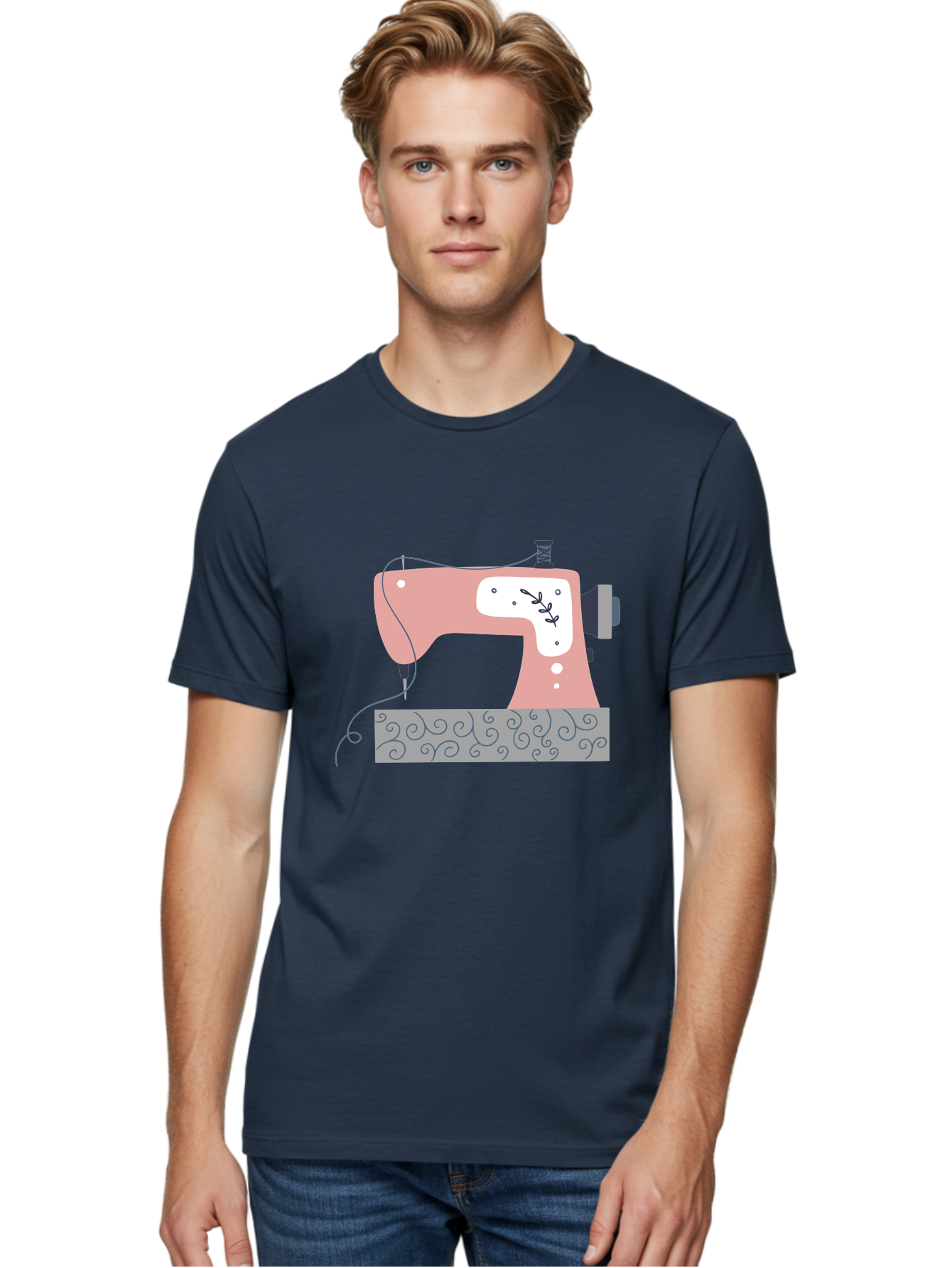 Sewing-Machine-6 Men'S Graphic Tee, 100% Cotton, Comfortable Casual Summer Wear, Machine Washable, Sewing Machine, Pink And White Machine, Thread And Fabric, Sewing Hobby, Crafting, Needlework, Handmade, Tailoring Aac105