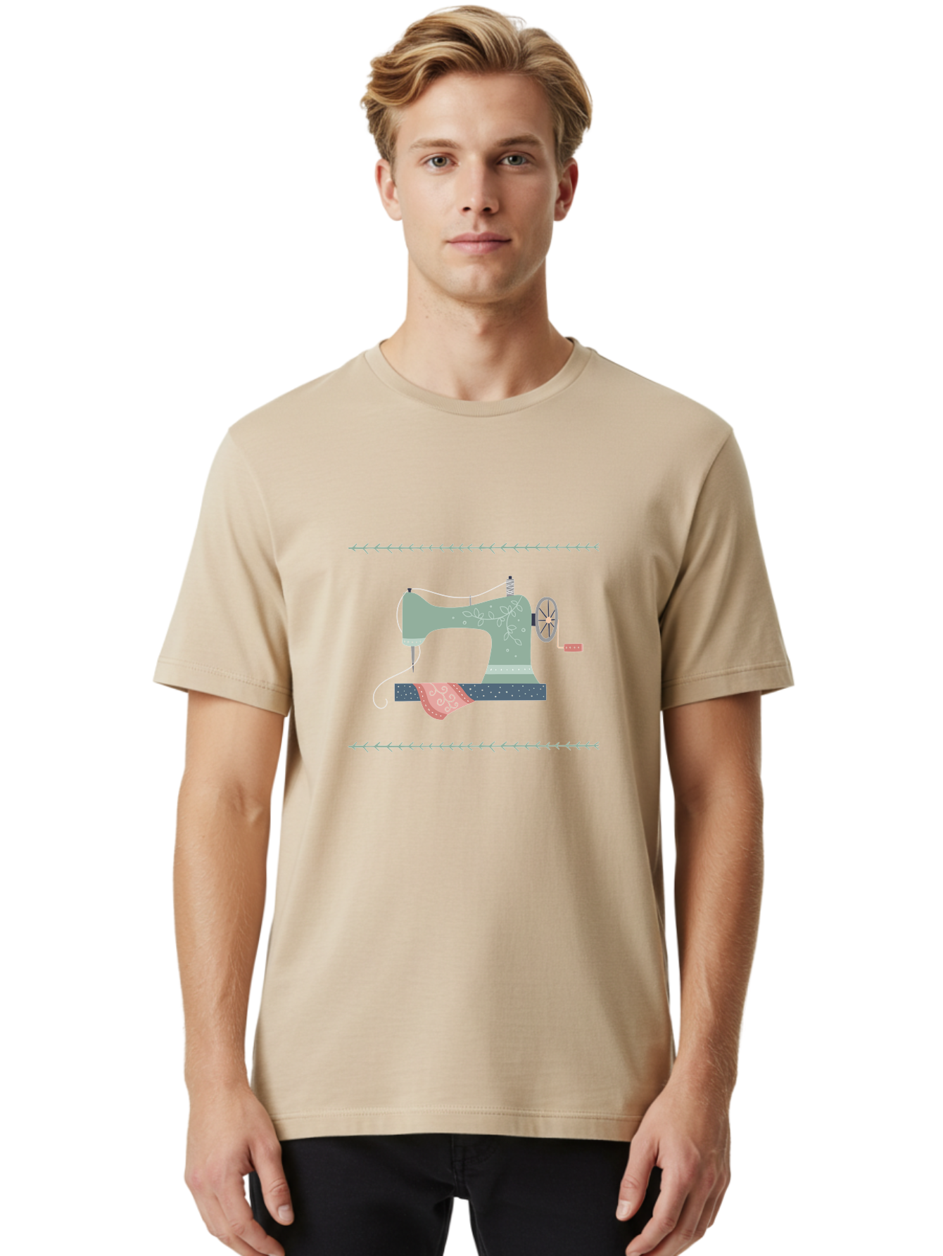 Sewing-Machine Men'S Graphic Tee, 100% Cotton, Comfortable Casual Summer Wear, Machine Washable, Vintage Sewing Machine, Floral Patterns, Red Fabric, White Designs, Antique Style, Sewing Accessories, Decorative Elements, Nostalgic Charm, Aac106