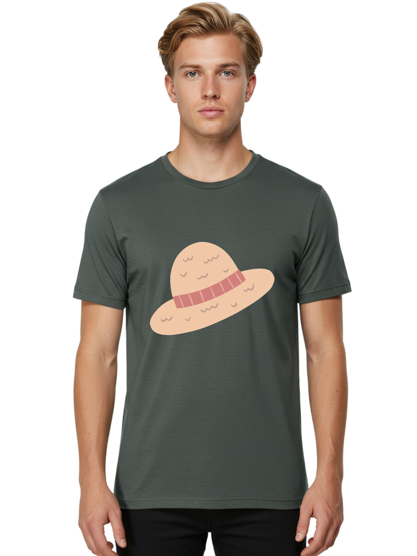 Straw-Hat Men'S Graphic Tee, 100% Cotton, Comfortable Casual Summer Wear, Machine Washable, Straw Hat With Ribbon Band, Summer Hat, Beachwear Fashion, Bohemian Style, Stylish Accessory, Outdoor Gear Aac118