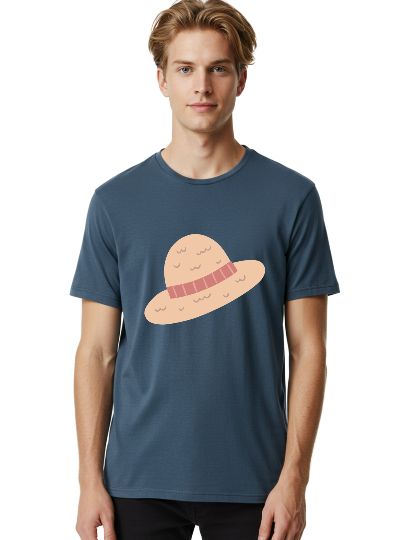 Straw-Hat Men'S Graphic Tee, 100% Cotton, Comfortable Casual Summer Wear, Machine Washable, Straw Hat With Ribbon Band, Summer Hat, Beachwear Fashion, Bohemian Style, Stylish Accessory, Outdoor Gear Aac118