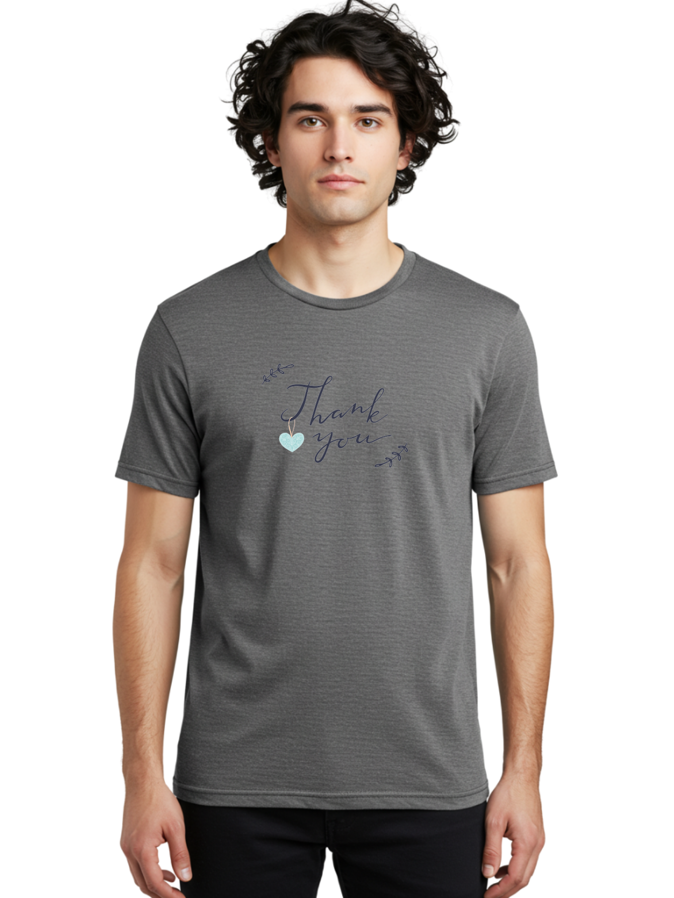 Thank-You Men'S Graphic Tee, 100% Cotton, Comfortable Casual Summer Wear, Machine Washable, Thank You Message, Gratitude, Appreciation, Heartfelt Thanks, Cursive Text, Blue Heart, Delicate Leaves, Elegant Design, Acknowledgement Gift, Aac125