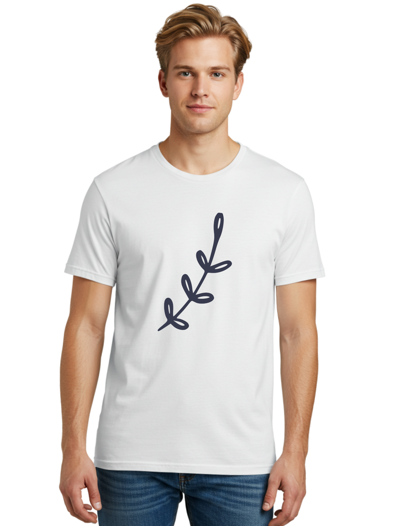 Three-Leaf-Stem Men'S Graphic Tee, 100% Cotton, Comfortable Casual Summer Wear, Machine Washable, Simple Drawing, Minimalistic Art, Abstract Design, Oval Shapes, Leafy Stem, Dark Gray Lines, Modern Illustration, Stylized Plant Aac126