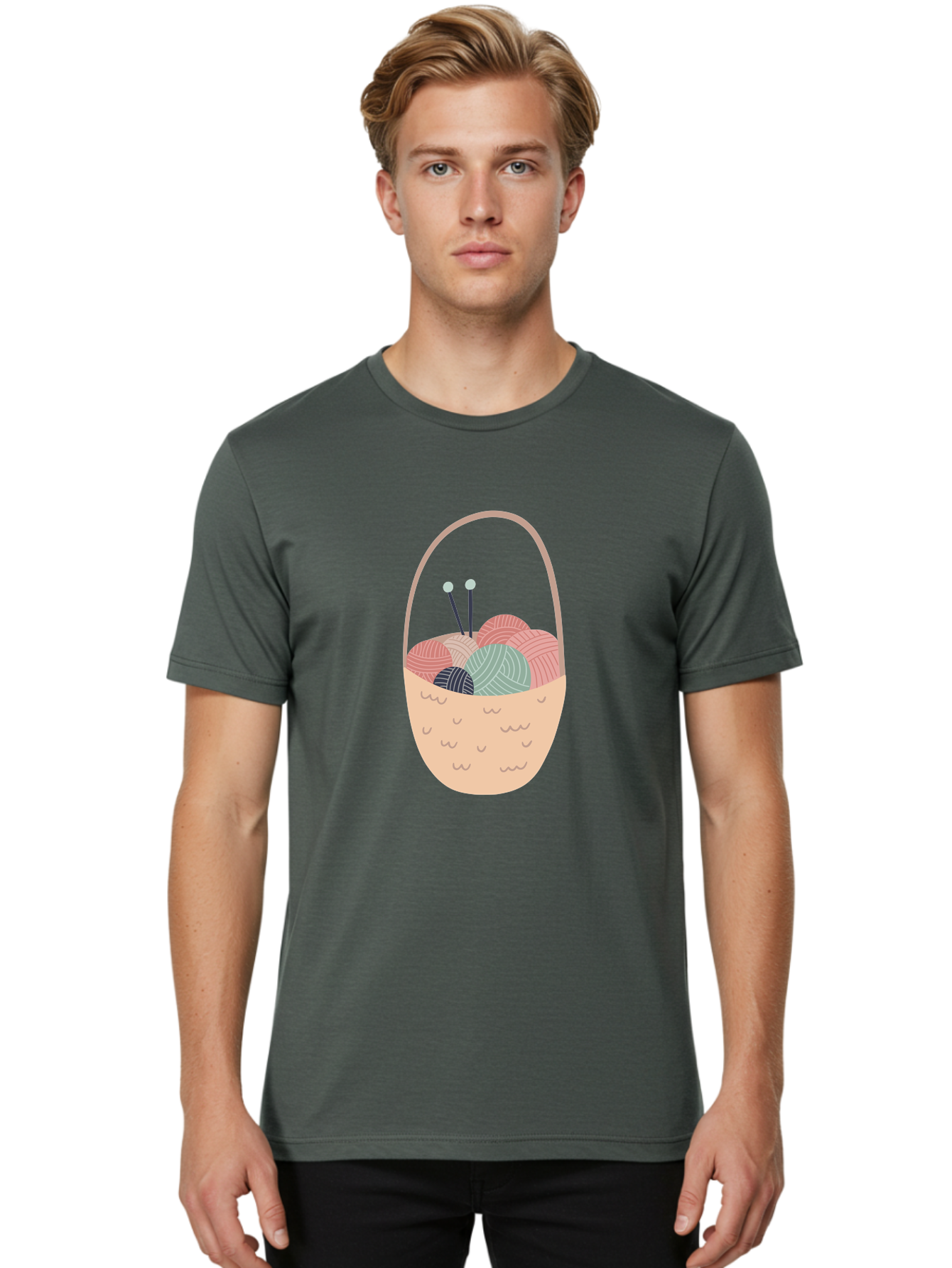 Yarn-Basket Men'S Graphic Tee, 100% Cotton, Comfortable Casual Summer Wear, Machine Washable, Yarn Balls, Knitting Needles, Knitting Basket, Pastel Colors, Hobby Supplies, Crafting Tools, Diy Accessories, Handmade Materials Aac146