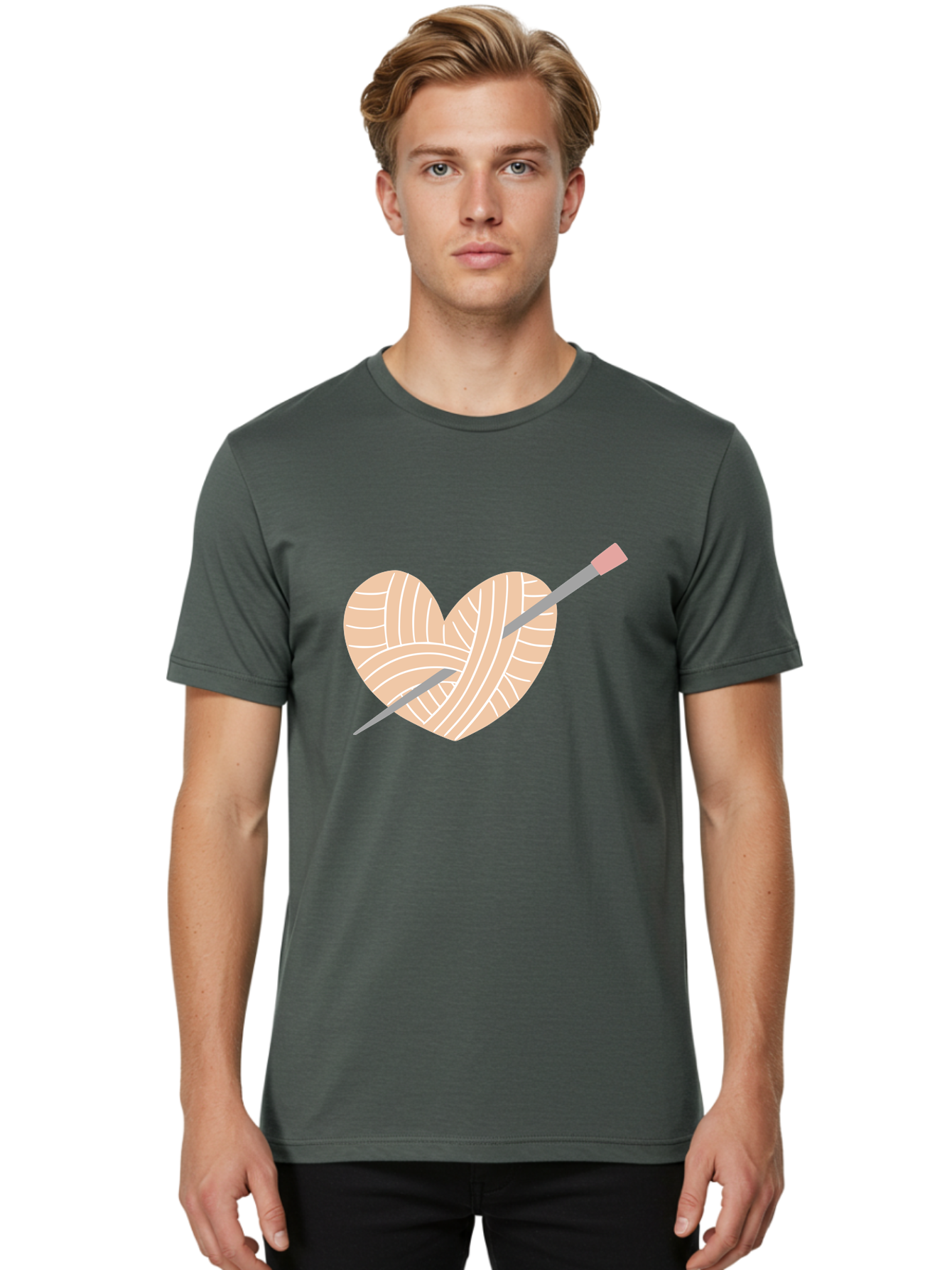 Yarn-Heart-Knitting-Needles Men'S Graphic Tee, 100% Cotton, Comfortable Casual Summer Wear, Machine Washable, Heart Shaped Yarn, Knitting Needles, Crochet, Handmade, Pink Yarn, Crafting, Hobby, Fiber Art, Knitting, Diy Aac147
