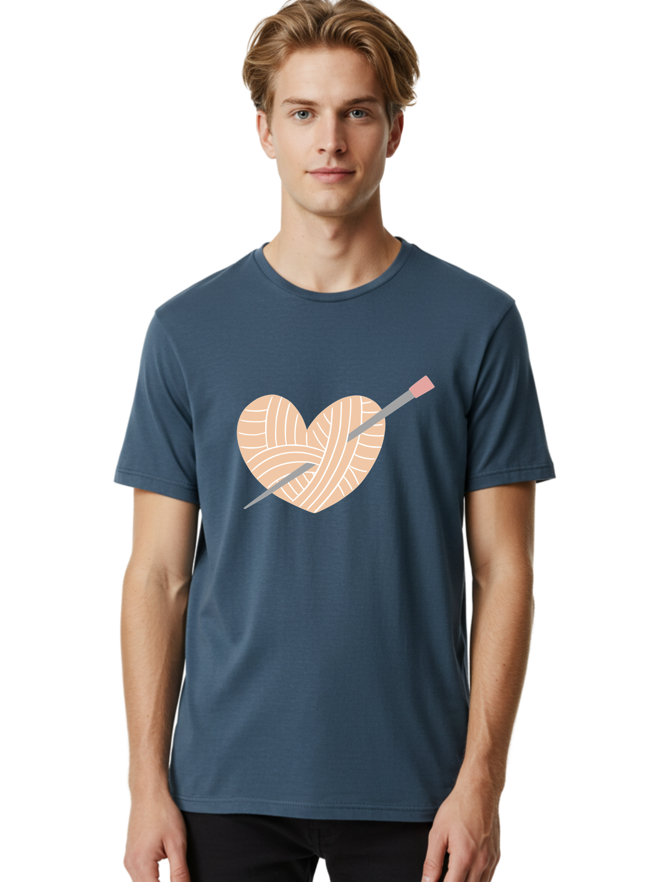 Yarn-Heart-Knitting-Needles Men'S Graphic Tee, 100% Cotton, Comfortable Casual Summer Wear, Machine Washable, Heart Shaped Yarn, Knitting Needles, Crochet, Handmade, Pink Yarn, Crafting, Hobby, Fiber Art, Knitting, Diy Aac147