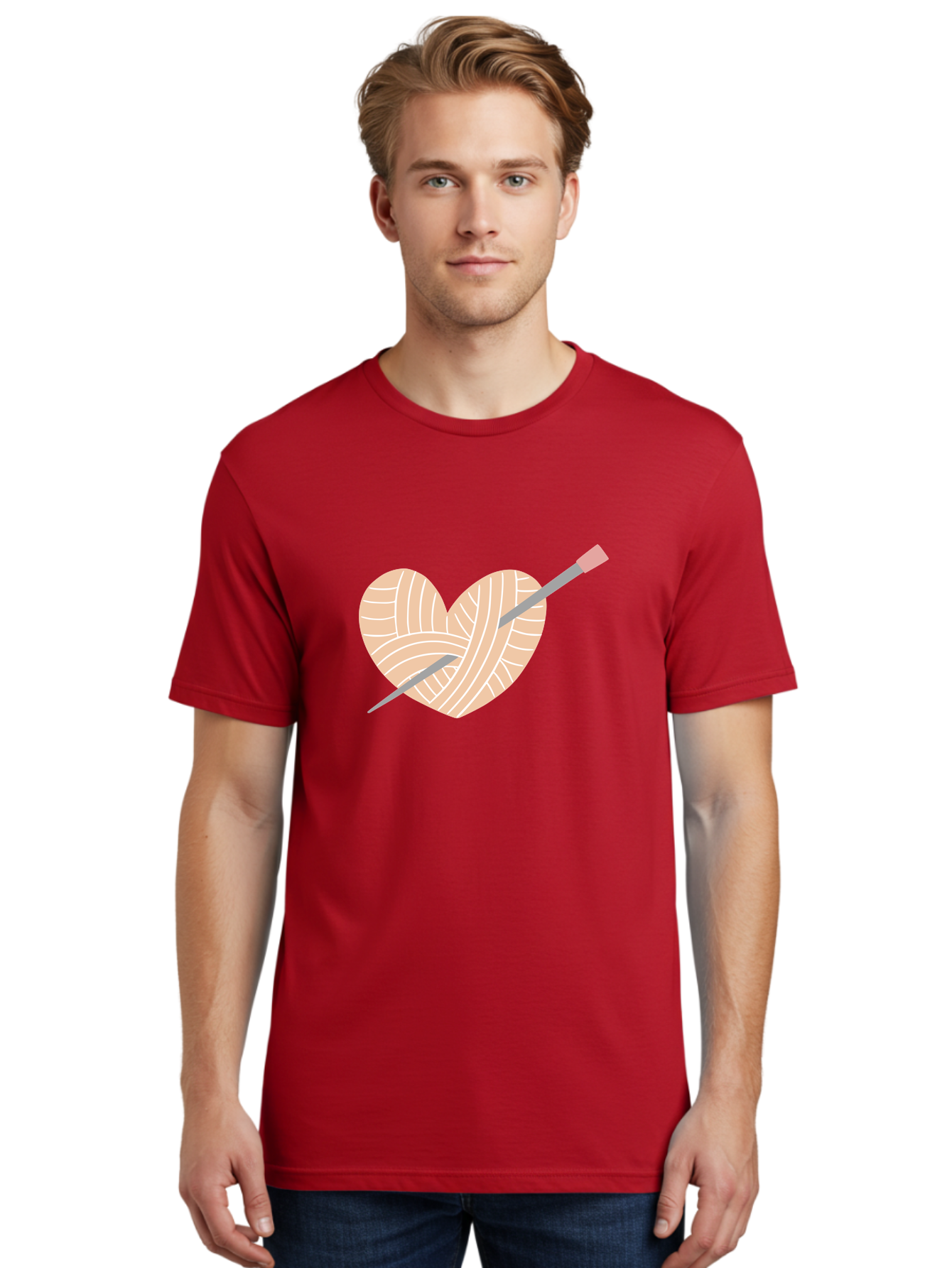 Yarn-Heart-Knitting-Needles Men'S Graphic Tee, 100% Cotton, Comfortable Casual Summer Wear, Machine Washable, Heart Shaped Yarn, Knitting Needles, Crochet, Handmade, Pink Yarn, Crafting, Hobby, Fiber Art, Knitting, Diy Aac147