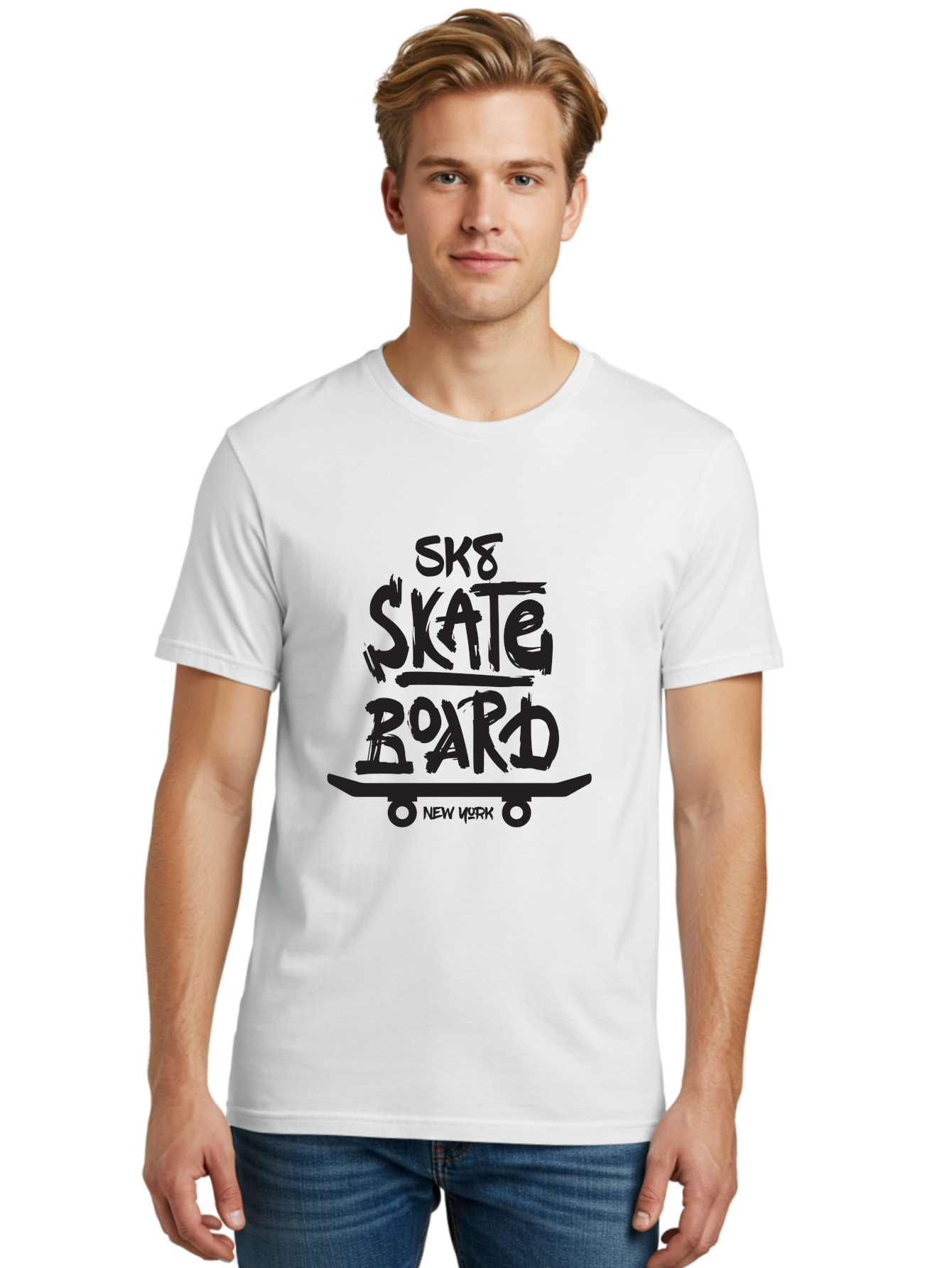 Sk8-Skate-Board-New-York Men'S Graphic Tee, 100% Cotton, Comfortable Casual Summer Wear, Machine Washable, Skateboard Culture, Street Skateboarding, New York Skate Scene, Skateboard Graphics, Urban Sports, Action Sports, Skateboard Art, Aac165