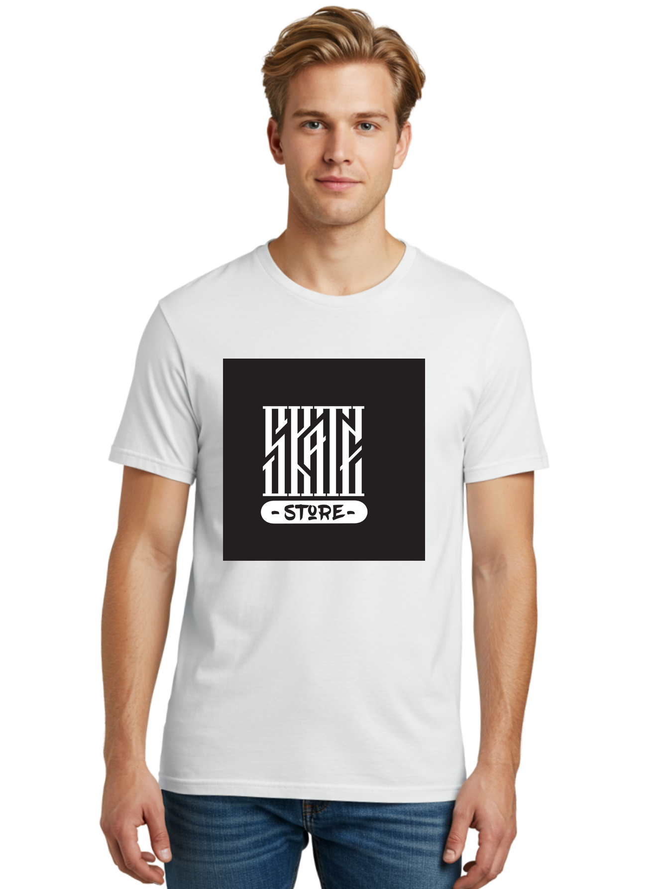 Skate-Store Men'S Graphic Tee, 100% Cotton, Comfortable Casual Summer Wear, Machine Washable, Storefront Branding, Streetwear Apparel, Skat Store, Urban Fashion, Modern Typography, Contemporary Design, Black And White Aesthetic Aac171