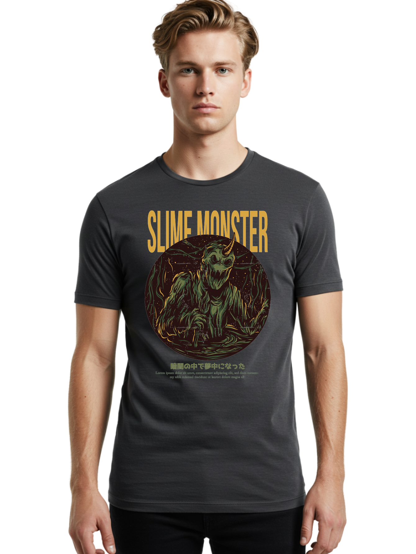 Slime-Monster Men'S Graphic Tee, 100% Cotton, Comfortable Casual Summer Wear, Machine Washable, Slime Monster, Fantasy Creature, Cartoon Illustration, Monster With Horn, Mysterious Being, Dark Forest, Eerie Atmosphere, Mystical Art, Aac175