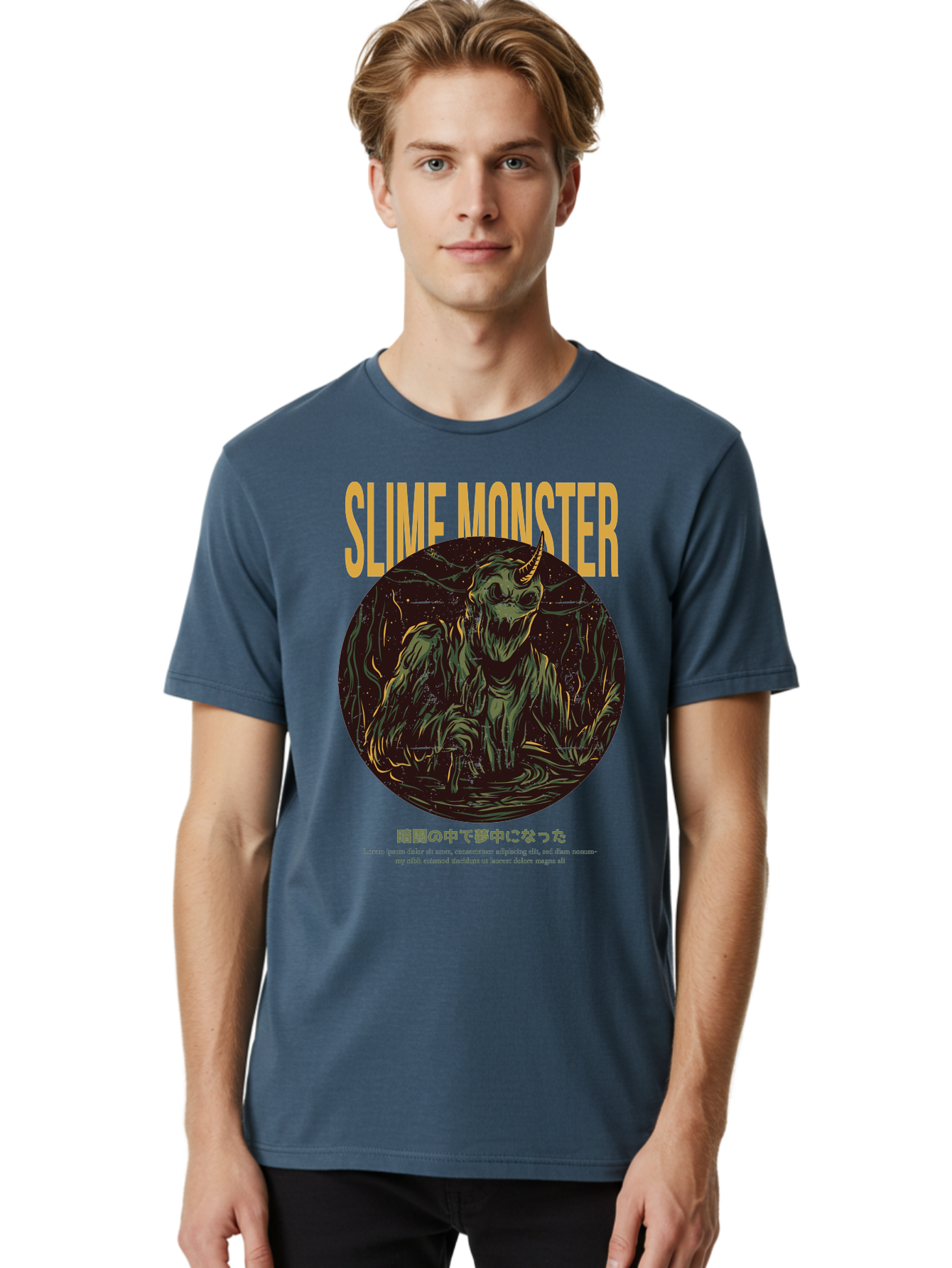 Slime-Monster Men'S Graphic Tee, 100% Cotton, Comfortable Casual Summer Wear, Machine Washable, Slime Monster, Fantasy Creature, Cartoon Illustration, Monster With Horn, Mysterious Being, Dark Forest, Eerie Atmosphere, Mystical Art, Aac175