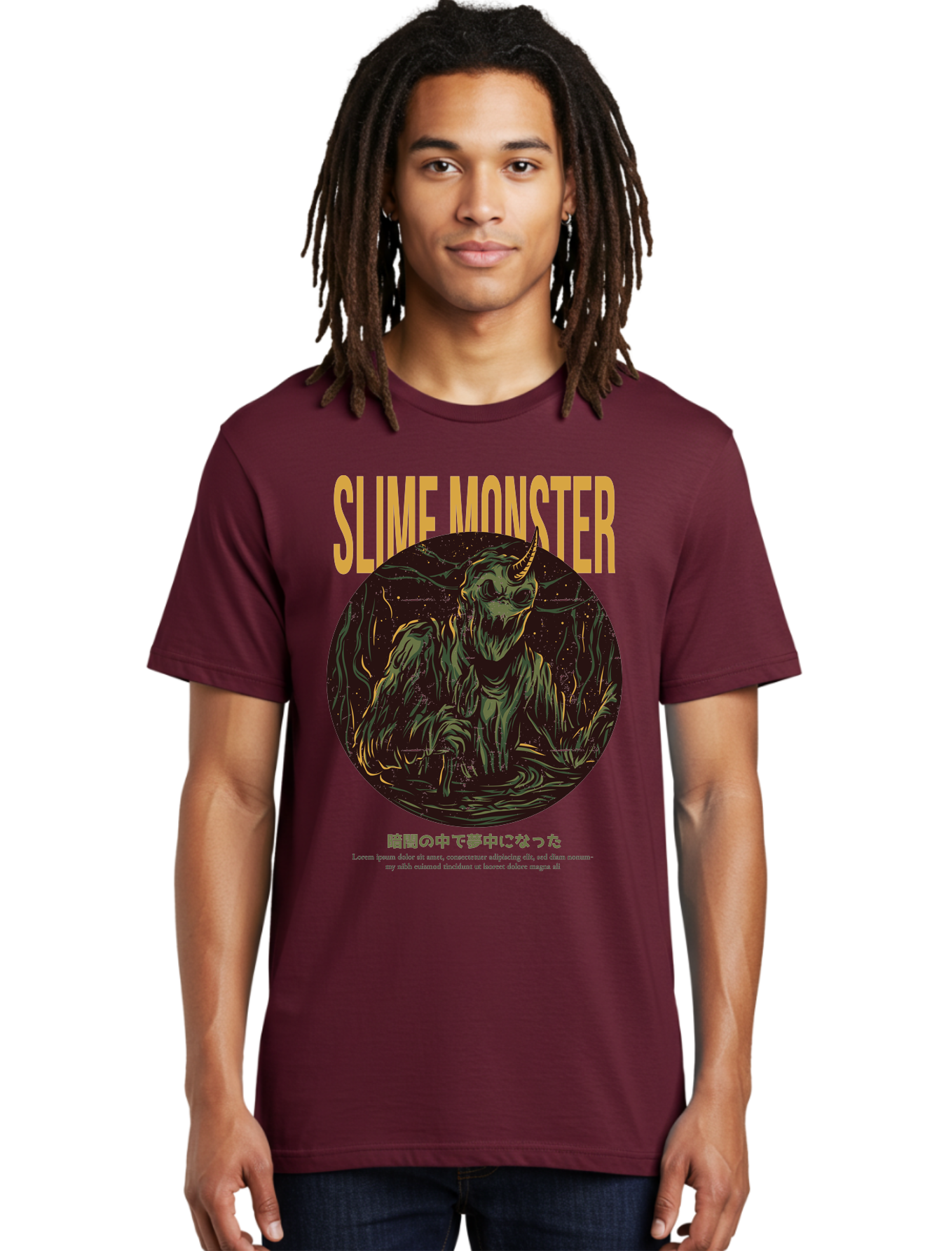 Slime-Monster Men'S Graphic Tee, 100% Cotton, Comfortable Casual Summer Wear, Machine Washable, Slime Monster, Fantasy Creature, Cartoon Illustration, Monster With Horn, Mysterious Being, Dark Forest, Eerie Atmosphere, Mystical Art, Aac175