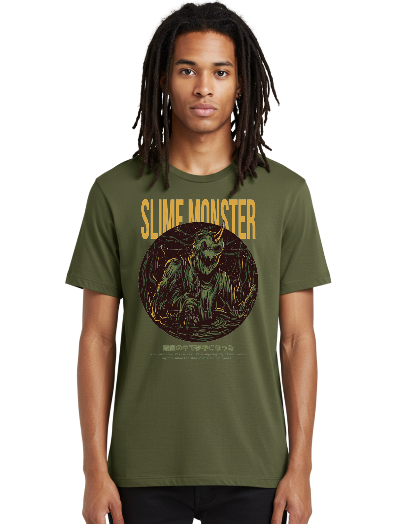 Slime-Monster Men'S Graphic Tee, 100% Cotton, Comfortable Casual Summer Wear, Machine Washable, Slime Monster, Fantasy Creature, Cartoon Illustration, Monster With Horn, Mysterious Being, Dark Forest, Eerie Atmosphere, Mystical Art, Aac175